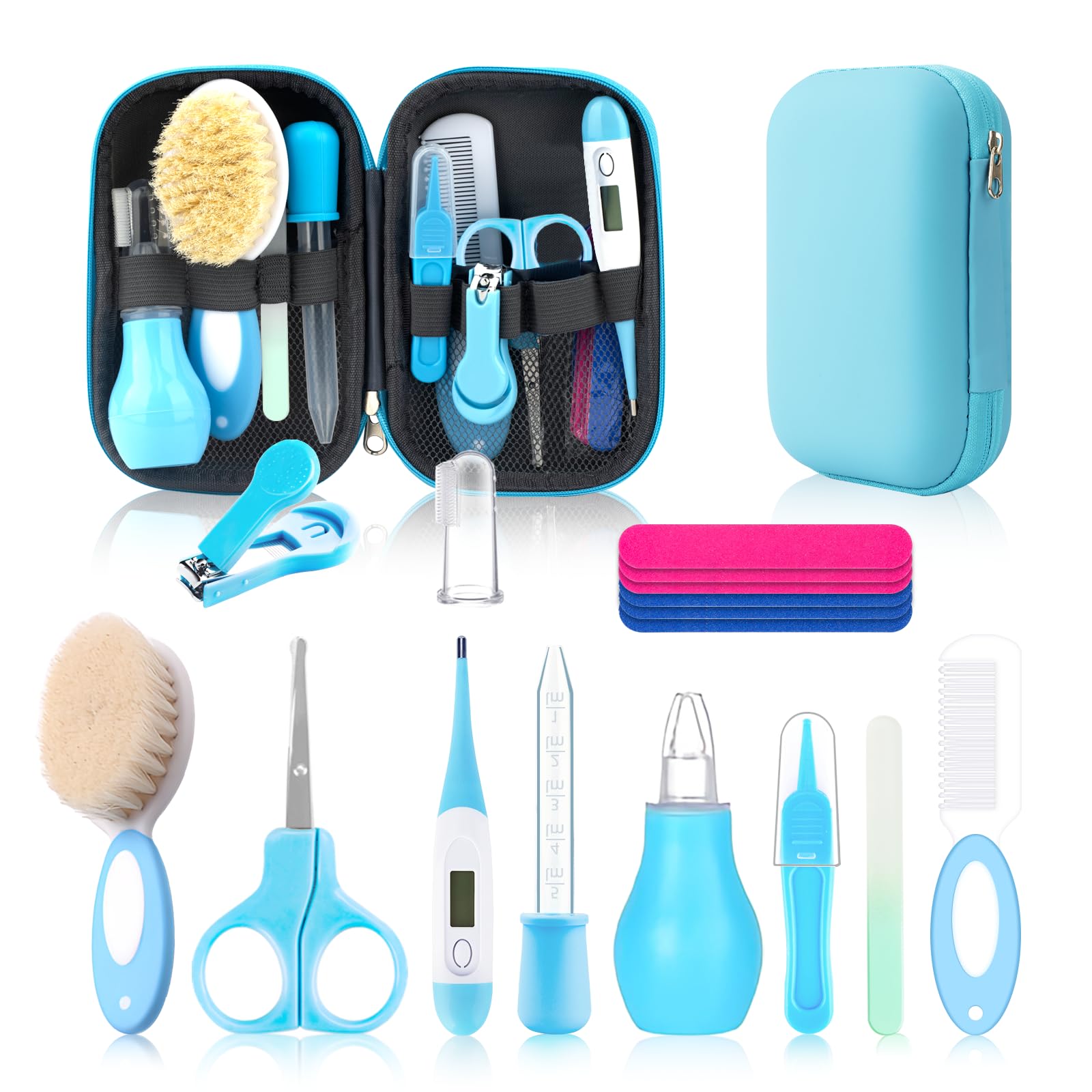 Kit de cuidado y aseo para bebés, kit de seguridad para bebés, kit de cuidado de la salud para recién nacidos con cepillo para el cabello, báscula, cuchara medidora y cortaúñas, 17 piezas, color azul