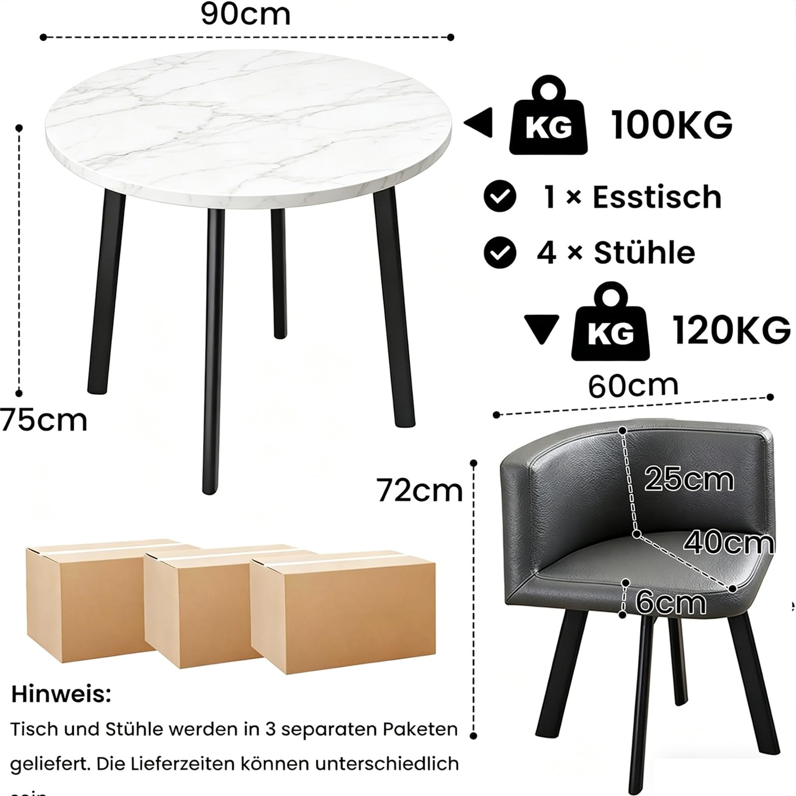 Essgruppe 5-Teilig, Küchenstühle Runder Esstisch und 4 Kunstleder Esszimmerstühle, Küchentisch esszimmertisch 80 cm, für 4-6 Personen, für Esszimmer, Küche, Wohnzimmer, Modern (White-1)