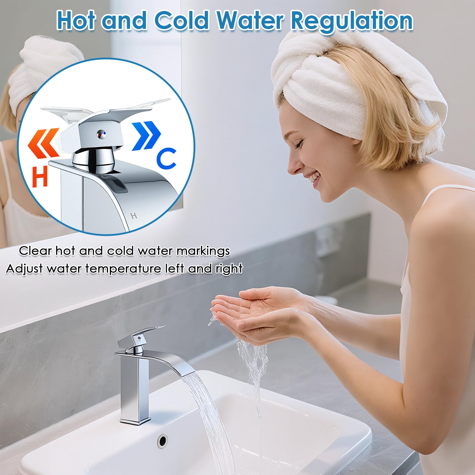VONATES Bathroom Taps, 304 Stainless Steel Waterfall Tap with Ceramic Valve Cartridge, 60cm G1/2 Hoses, Easy to Install - Image 4