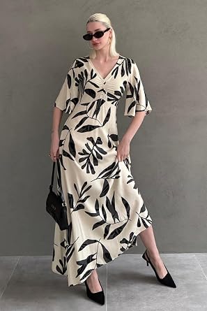Madmext Siyah Desenli Yar m Kollu Elbise Mg2395