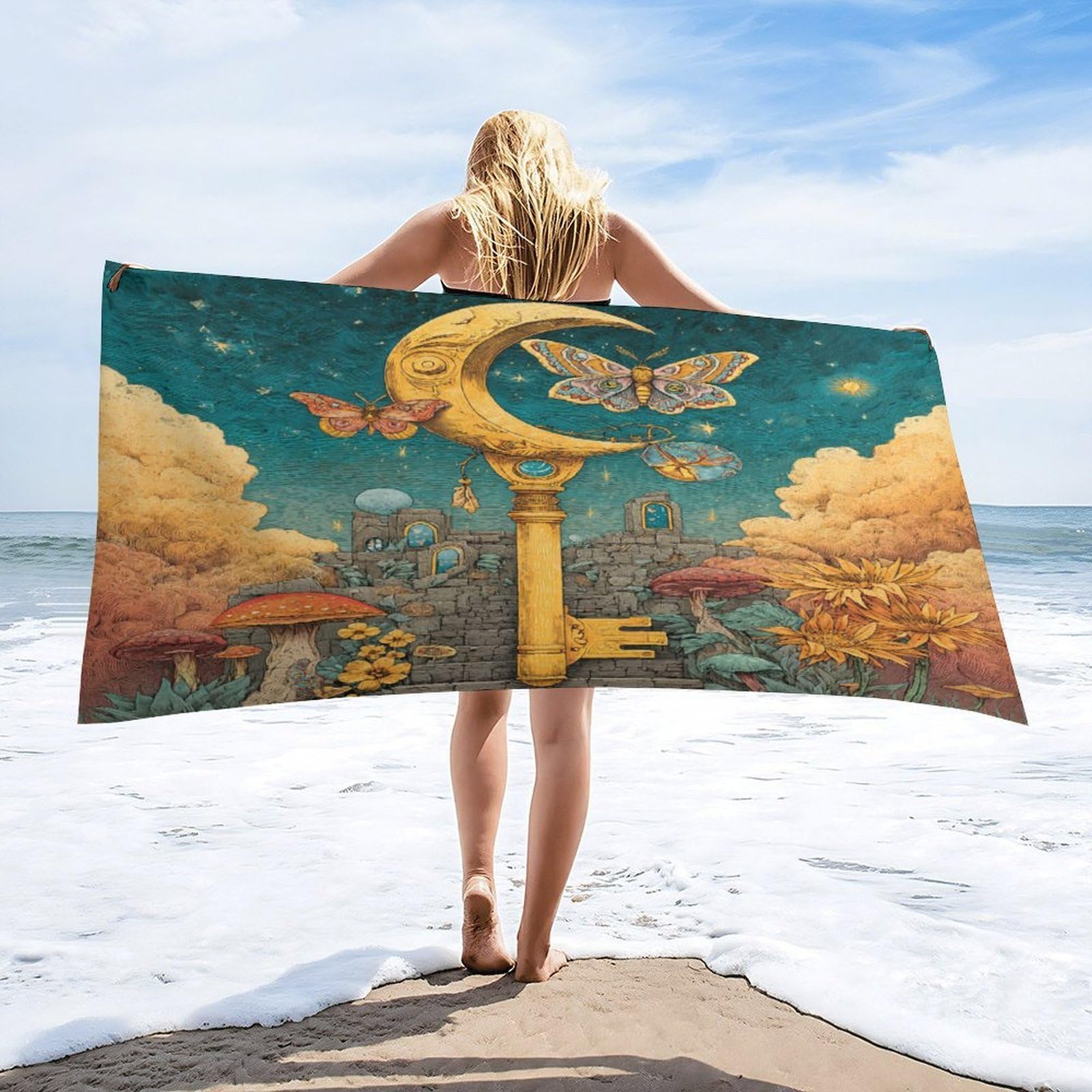 Luyysky Beautiful Vintage Fairy Garden Absorbent Beach Towel, Fantasy Romantic Starry Sky Galaxy Animal Butterfly Floral Outdoor Single-Sided Velvet Beach Towel-80 W Cm X 160" L Cm