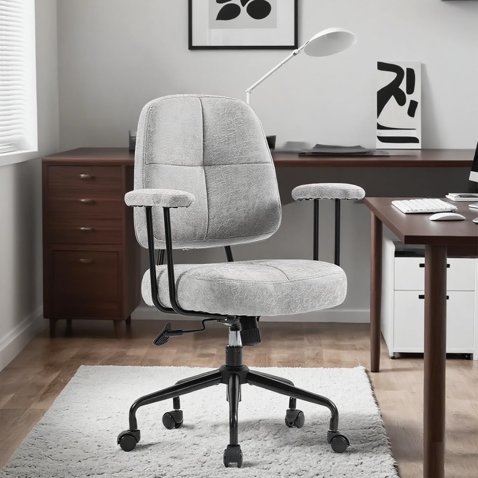 ECOTOUGE Home Office Chair, Upholstered Desk Chair with Armrests, Mid Century Modern Comfy Computer Chair with Wheels, Adjustable Faux Leather Desk