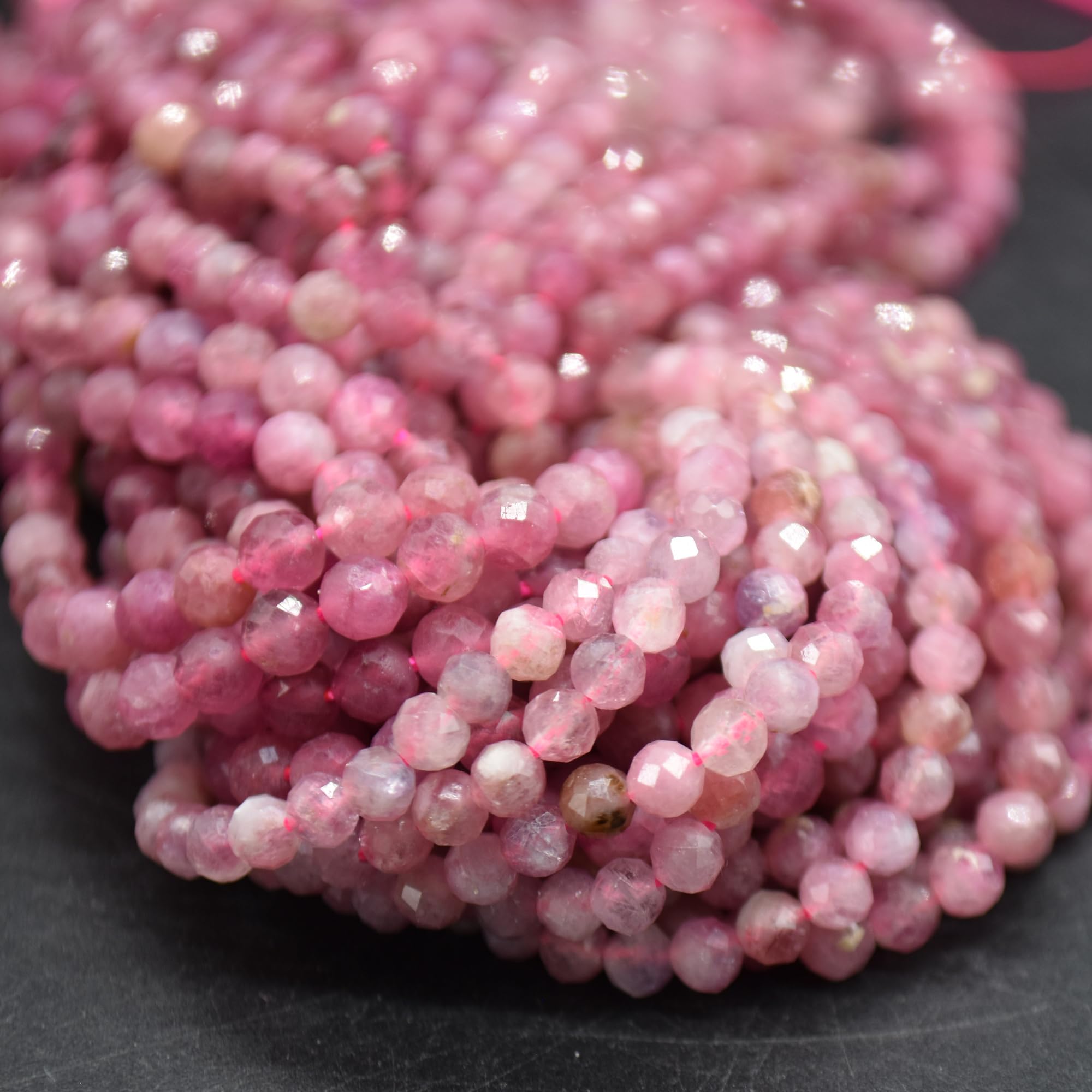 Pink Tourmaline Semi-Precious Gemstone Faceted Round Beads - 4mm - 15" Strand