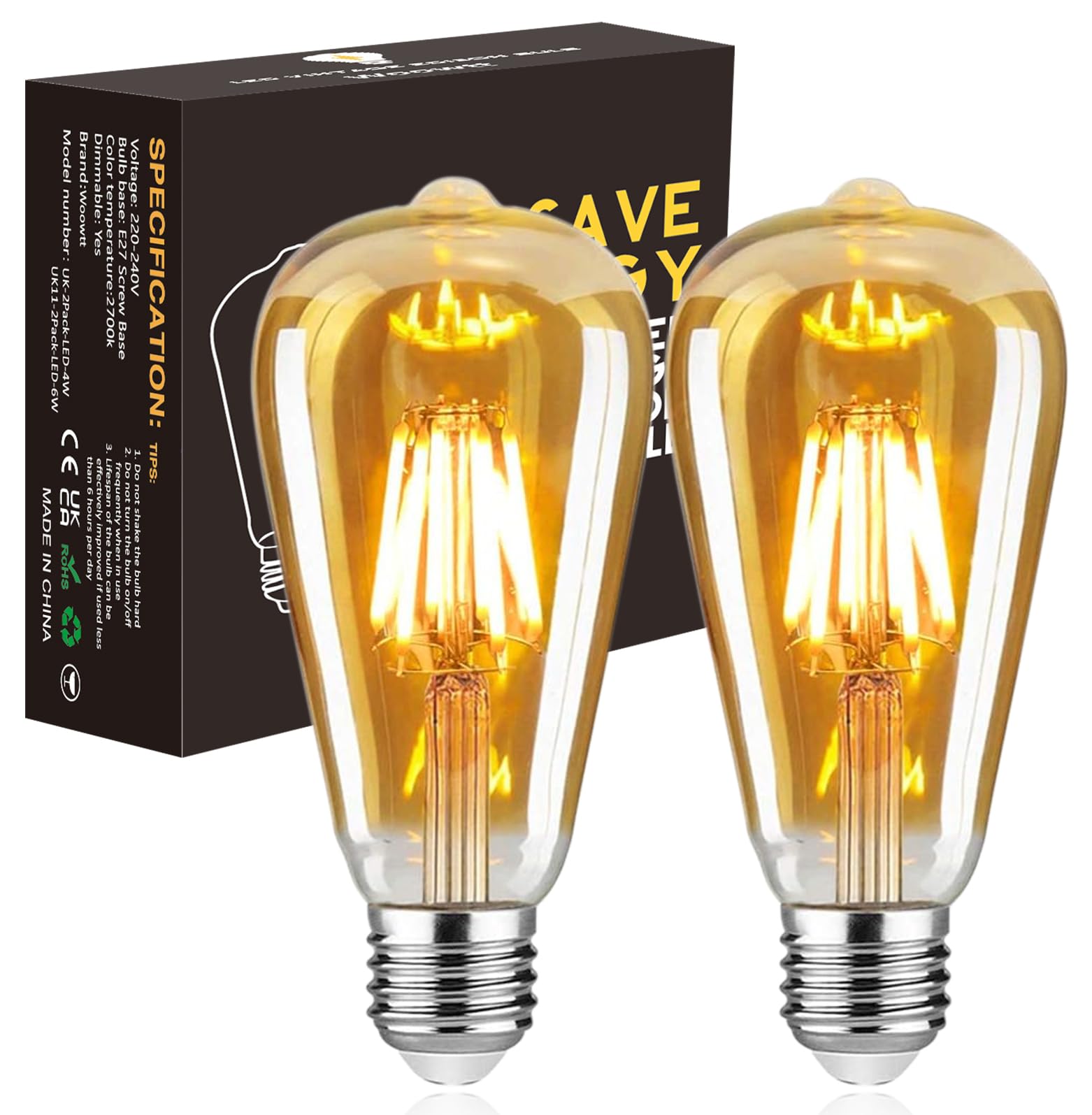 Woowtt 6W Vintage E27 Edison LED Bulb - Dimmable Filament, 600LM 2700K Warm White Decorative Light, Pack of 2