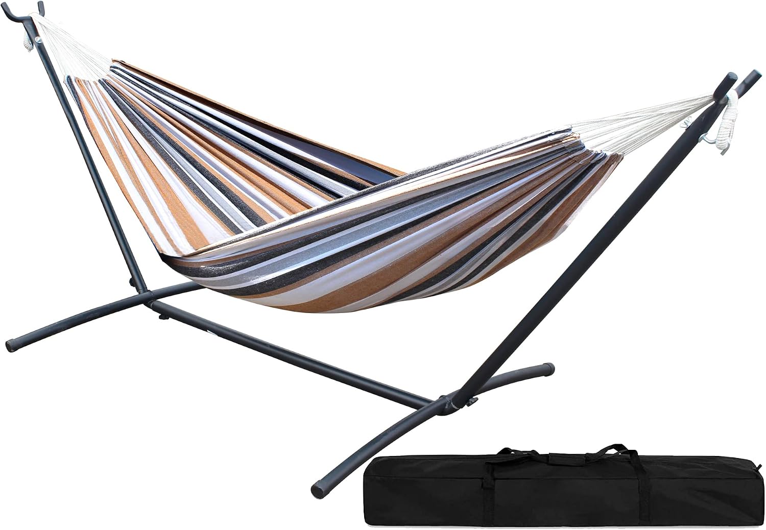 SUNNY GUARD Double Hammock with Space Saving Steel Stand Included Protable 2 Person Heavy Duty Brazilian Hammock for Patio Porch Backyard Garden（450lb Capacity）-Brown Stripes