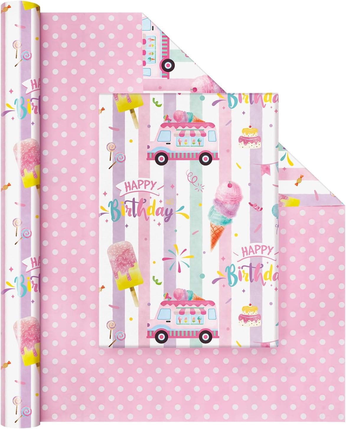 Ice Cream Reversible Wrapping Paper Roll 1 Roll 17” x 33 ft Happy Birthday