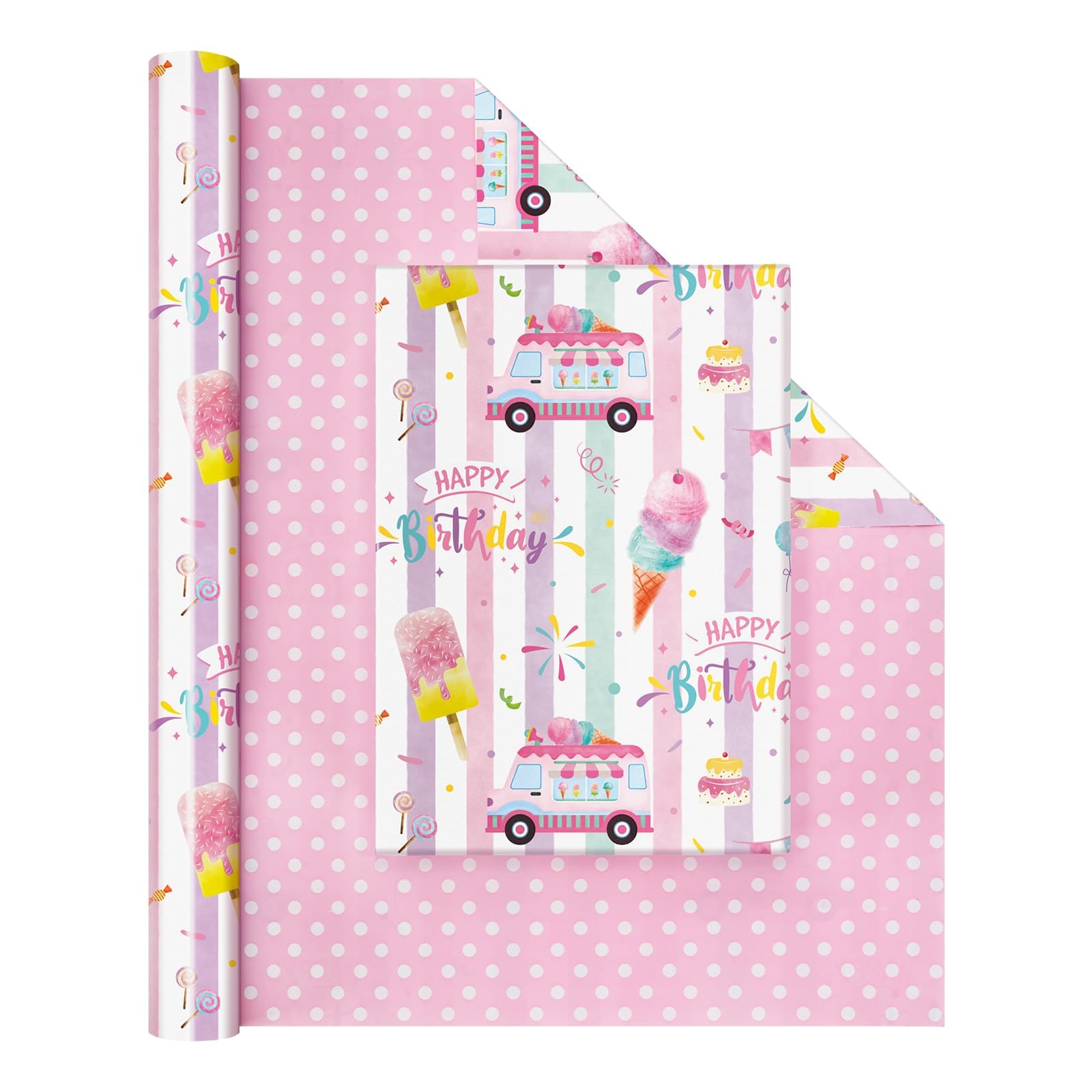 WERNNSAI Ice Cream Reversible Wrapping Paper - 1 Roll 17” x 33 ft Happy Birthday Wrapping Paper Roll Kids Pink Summer Birthday Gift Wrap Roll Girls Wrapping Paper Polka Dot Design Bday Party FavorClimatePartner certified