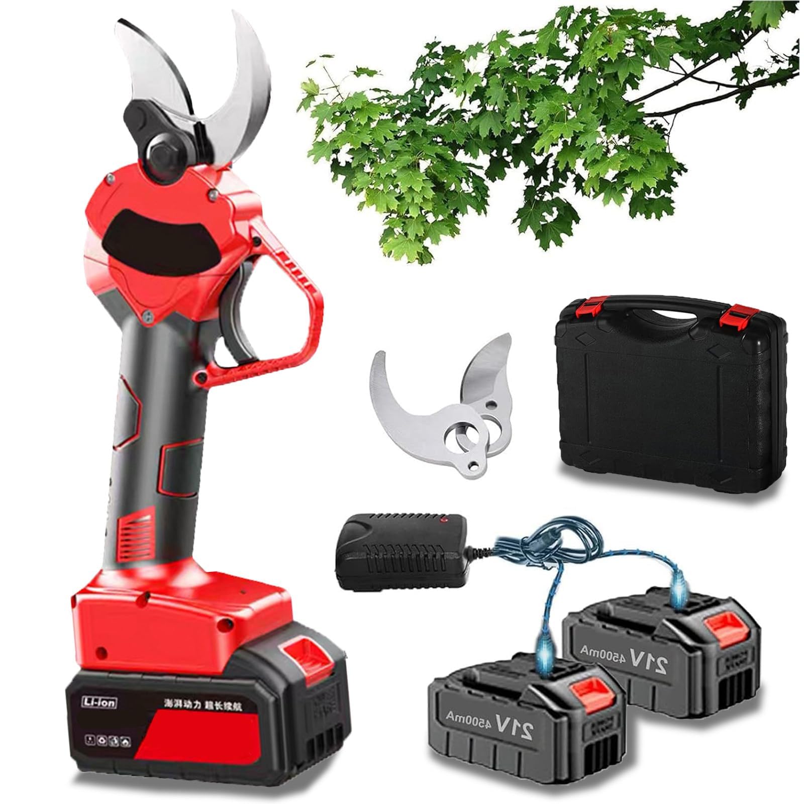 Cesoie Elettriche da Potatura, Potatore per Alberi a Batteria con Diametro di Taglio 1,37'' con 2 Batterie Ricaricabili da 1,5 Ah e 2 Lame di Ricambio, Potatore da Giardinaggio Professionale