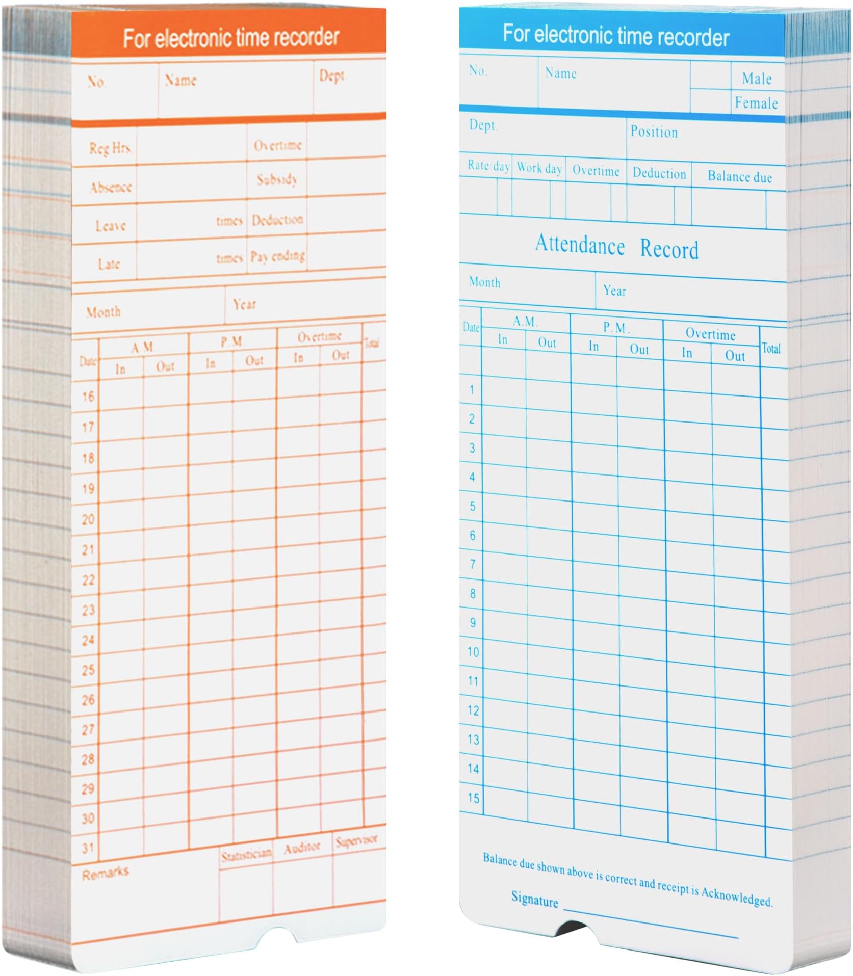 100 Pack Time Cards for Employees 2 Sided 7.4 x 3.4" Sprint for Volcora Time Clock, Timecards Monthly for Time Recorder, Overtime and Total Hours Included