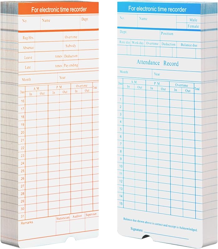 Volcora 100 Pack Time Cards for Employees 2 Sided 7.4 x 3.4" Sprint for Volcora Time Clock, Timecards Monthly for Time Recorder, Overtime and Total Hours Included