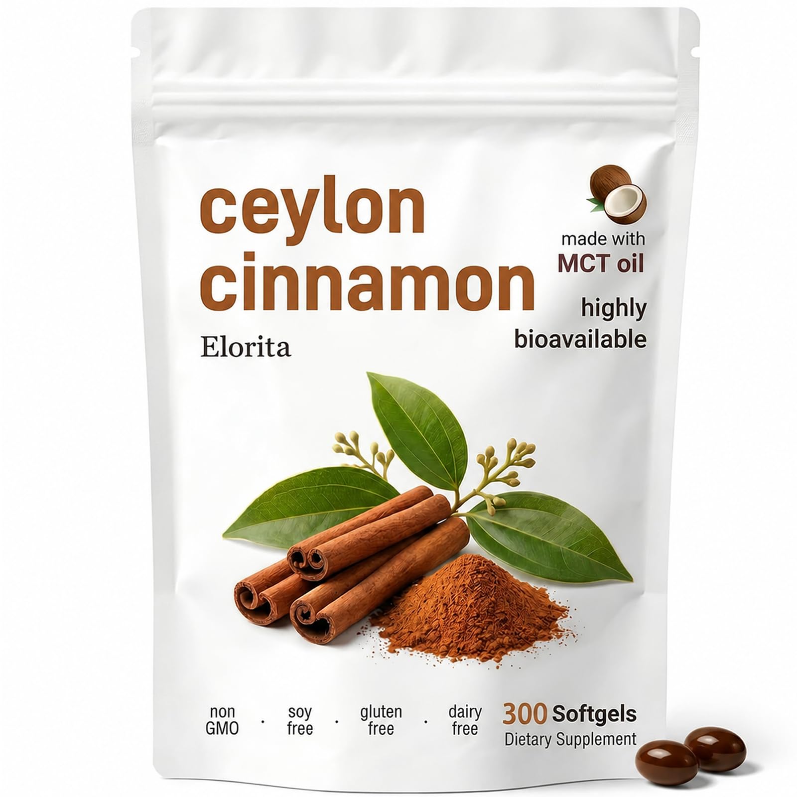Ceylon Cinnamon Soft Gels with MCT Oil - True Ceylon Cinnamon Supplement, Non-GMO & Gluten Free, 300 Softgels (1PCS)