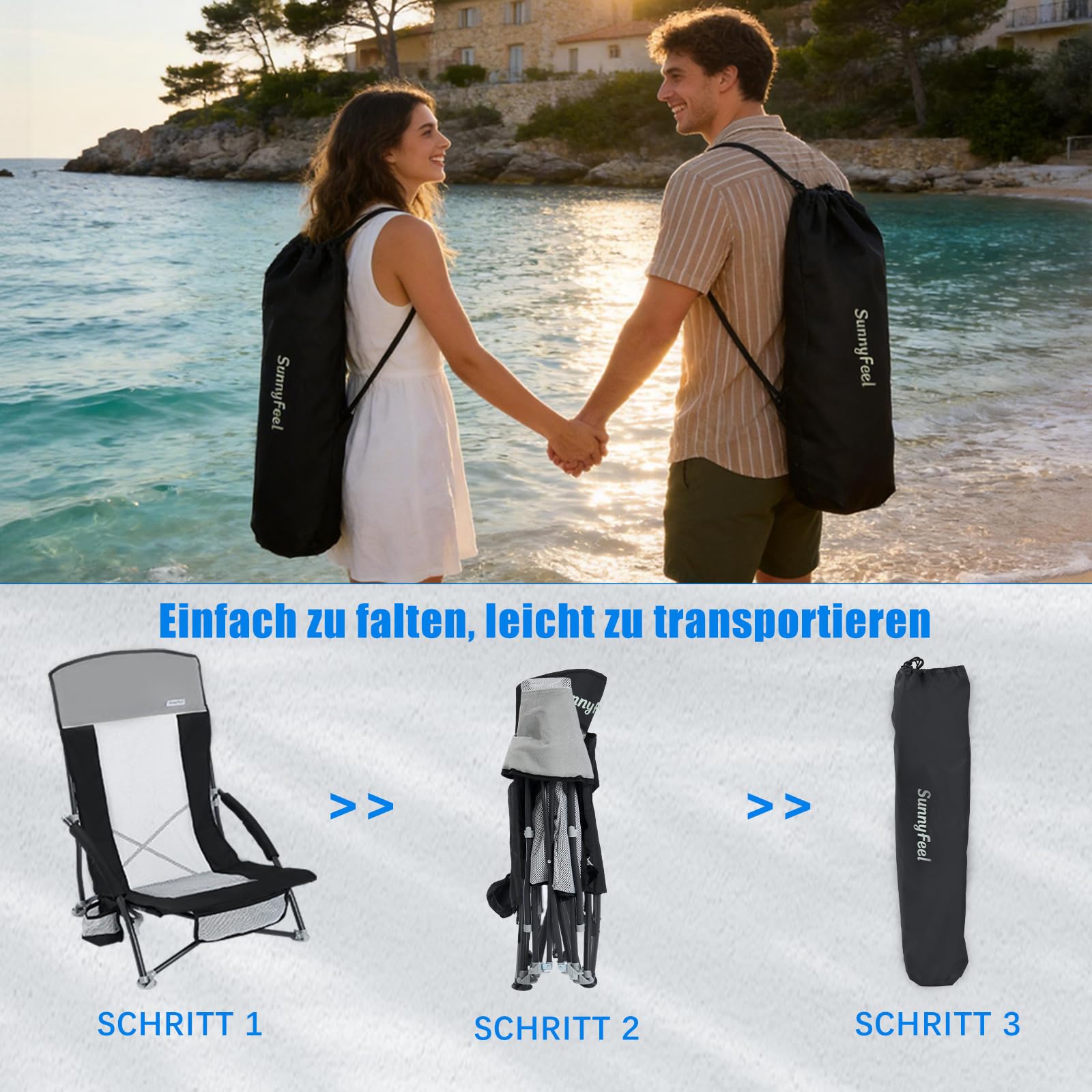 SUNNYFEEL Strandstuhl Klappbar Leicht,Campingstuhl mit Hochlehner,1 Stück