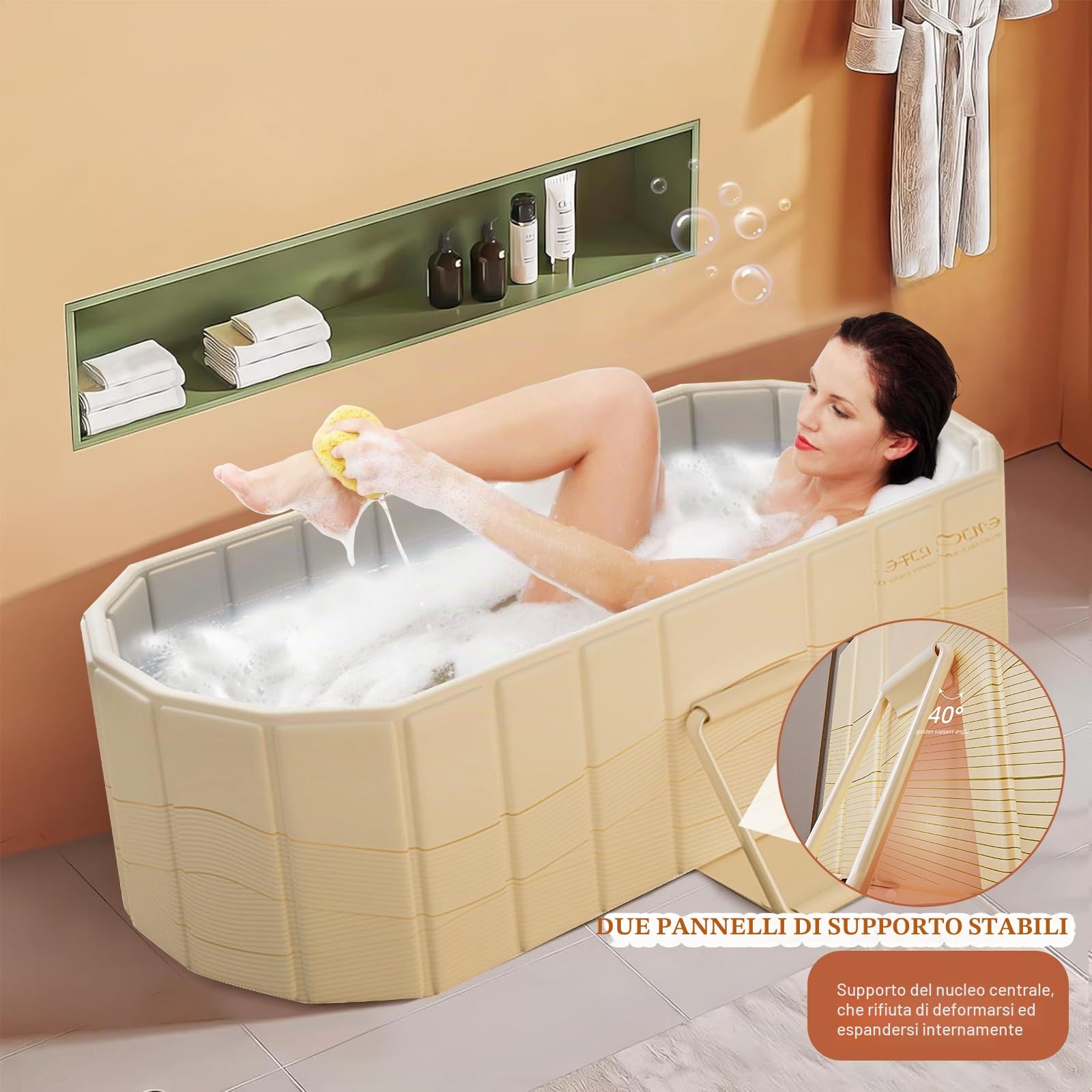 Vasca da bagno pieghevole per adulti con coperchio, design isolante portatile, vasca pieghevole profonda, include cuscino per seduta e tubo di scarico, 1,5 metri, arancione/oro