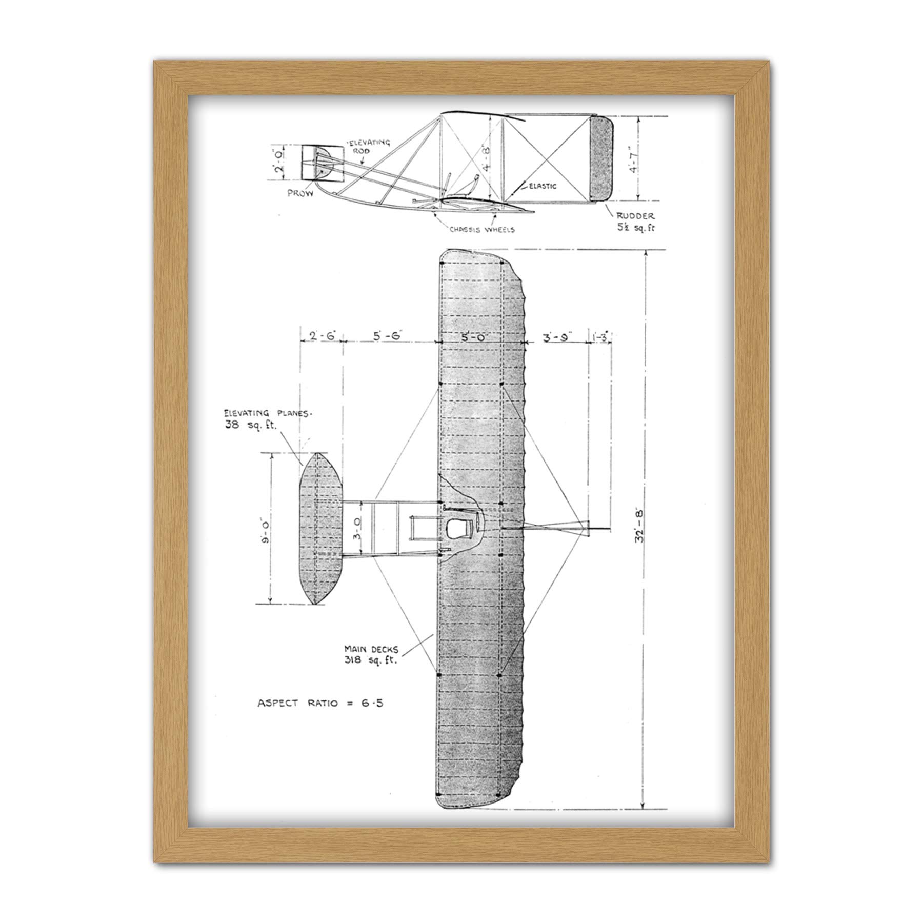Artery8 Wright Brothers Glider Technical 1909 Drawing Artwork Framed Wall Art Print 18X24 Inch