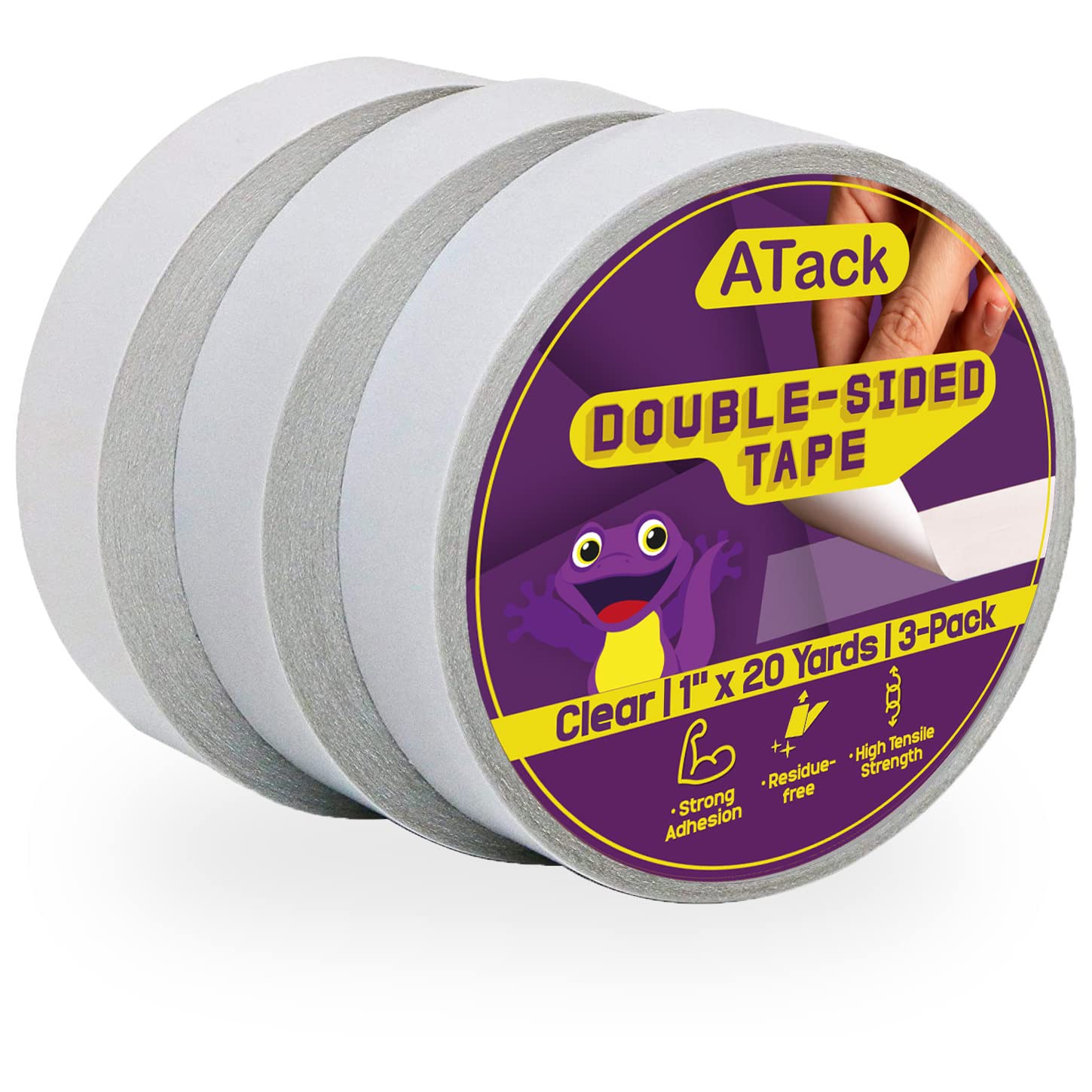 ATack Clear Double-Sided Tape, 1 Inch x 20 Yards (3-Pack), Tear by Hand, Wall Safe Heavy Duty Double Sides Self Sticky Wall Fabric Tape for Wood Templates, Furniture, Leather, Curtains and Craft