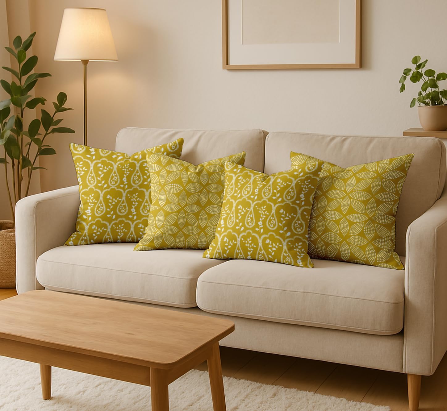 Cotton Cushion Covers Set of 4-16x16 Inch, Geometric Print, Double-Sided Printed Throw Pillow Covers with Hidden Zipper - No Filler - Yellow