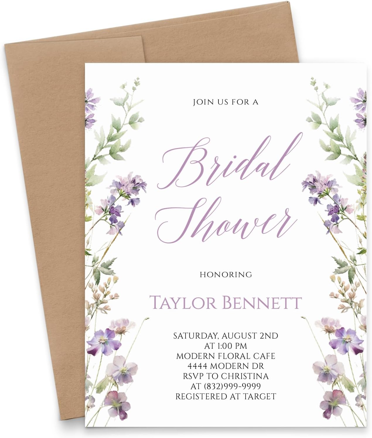Personalized Purple Wildflower Bridal Shower Invitation with Florals, Classy Wild Flower Bridal Shower Invite for Women, Bridal Shower Invites, Your choice of Quantity and Envelope Color