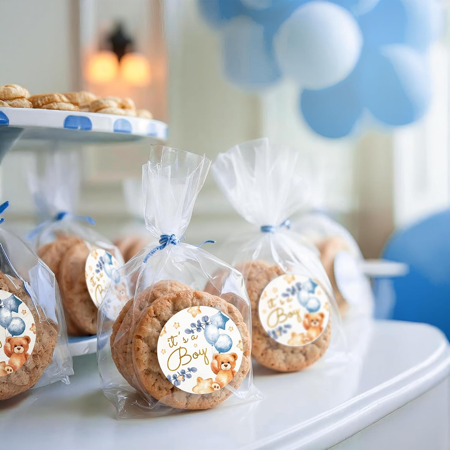 Mobiusea Creation It's a Boy Bear Baby Shower Favors Labels | 60pcs Waterproof Elegant Blue Beige with Gold Foil Watercolor Sticker in 2" | Baby Shower Decorations - Image 6