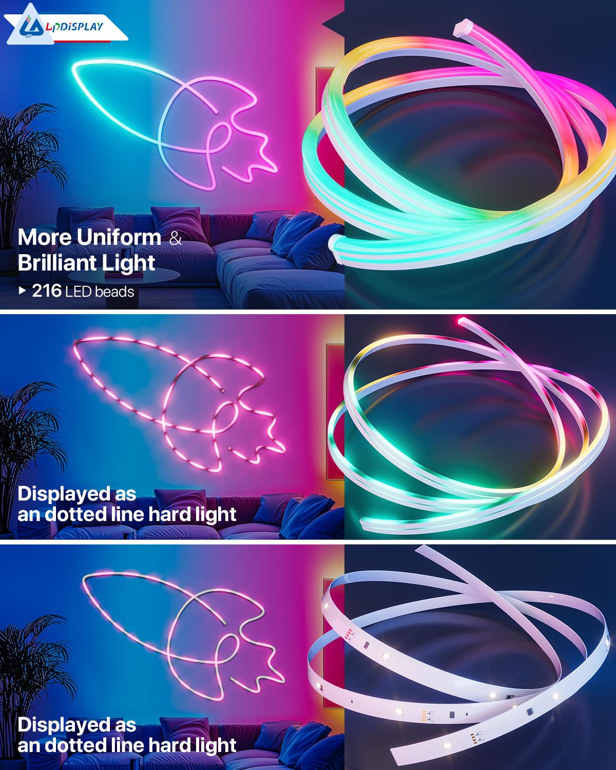 Smart Striscia LED 3 metri, RGB-IC Striscia Luminosa Cambia Colore, Sincronizzazione Musicale, Funziona con Alexa e Google Assistant, per Soggiorno, Camera da Letto, Decorazione da Parete, WiFi 2.4Ghz