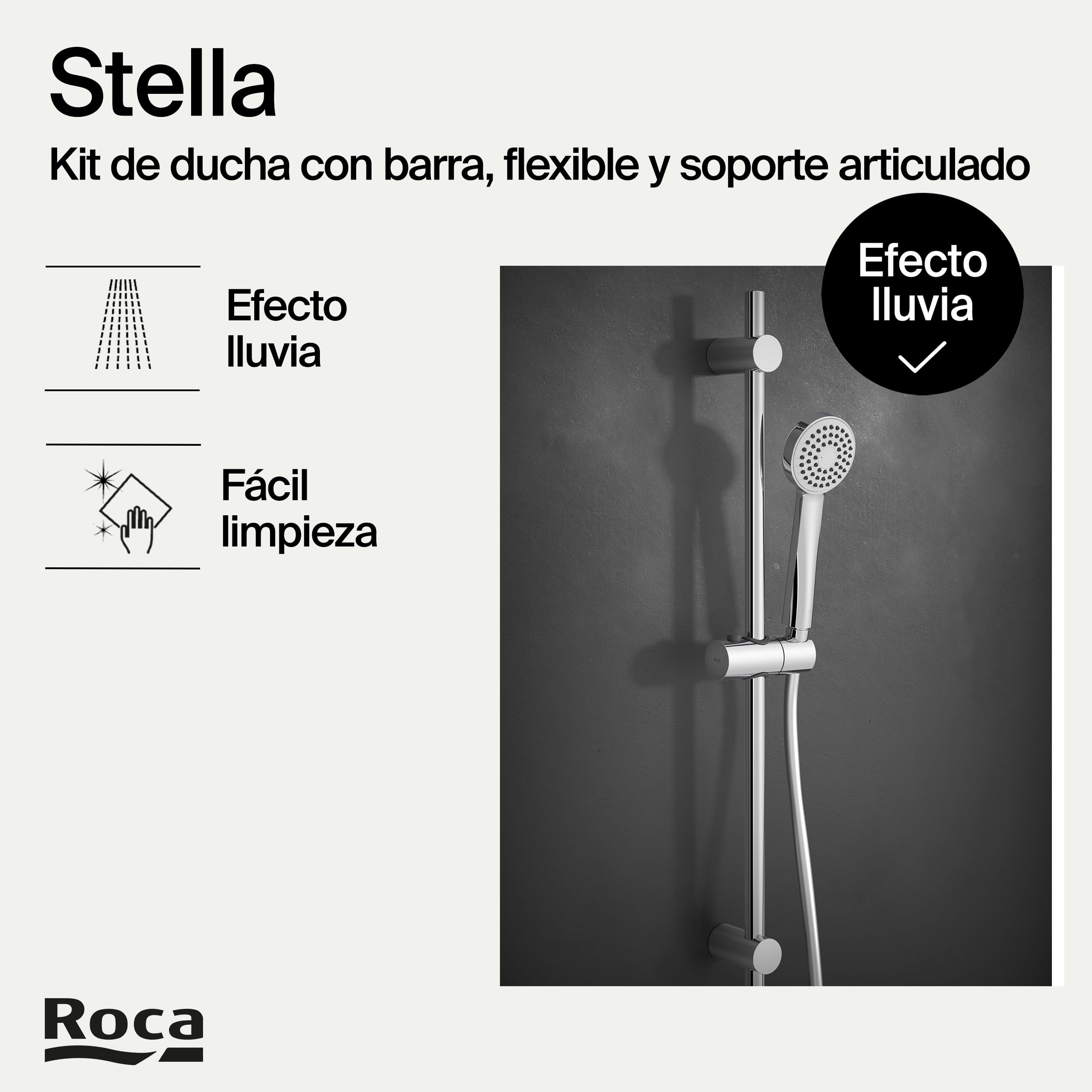 Roca,Stella,Kit de ducha. Incluye ducha de mano de 80 mm de 1 función, barra de 700 mm, soporte regulable para ducha de mano y flexible de PVC de 1,70 m,A5B9403C00