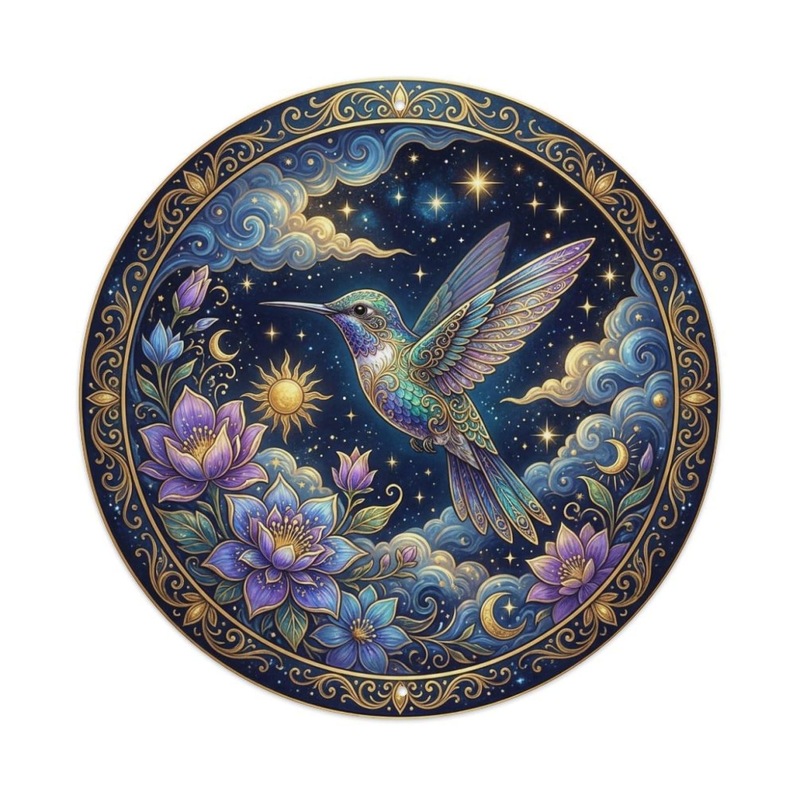 Celestial Hummingbird Flowers Moon Stars Metal Tin Sign