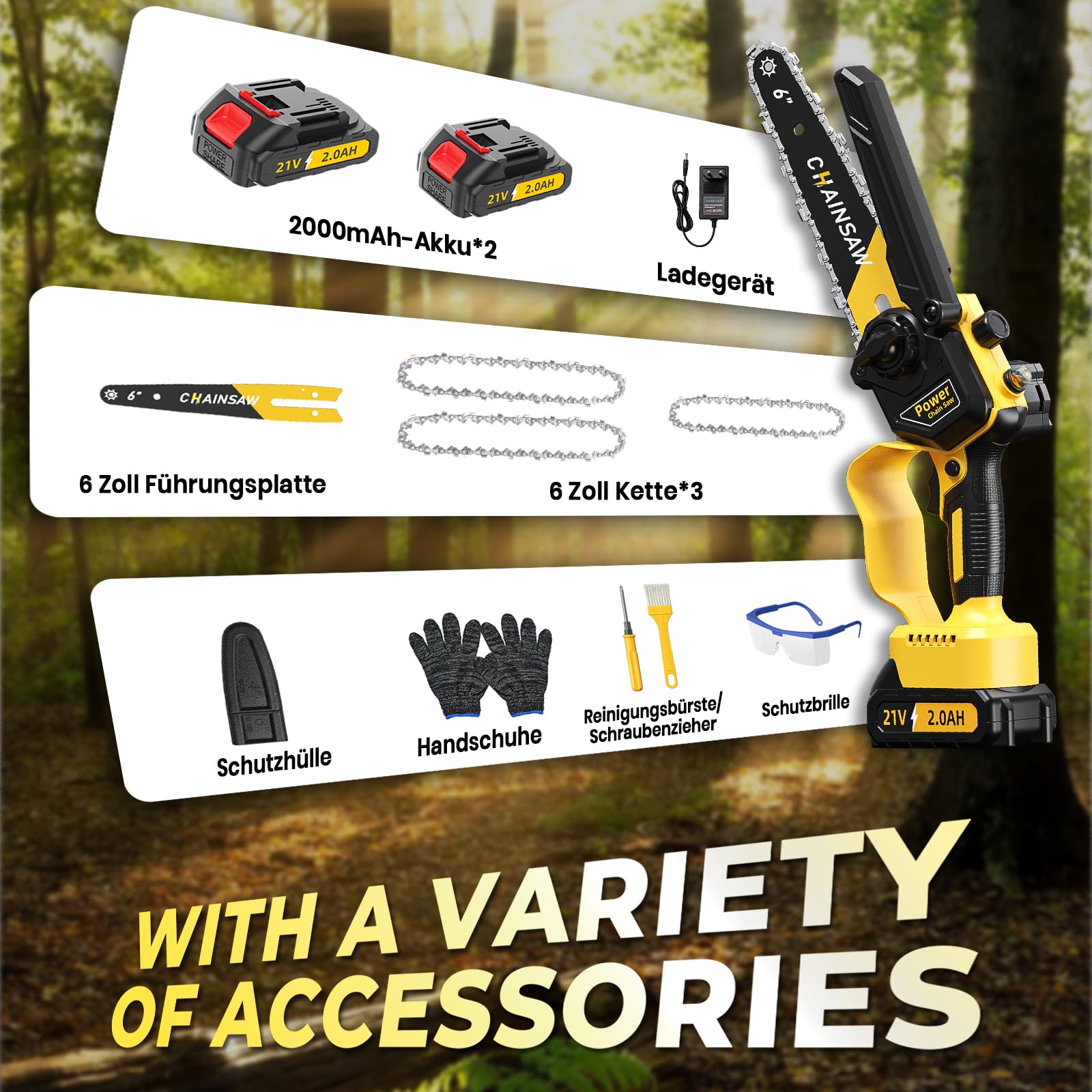 Mini Akku Kettensäge 6 Zoll, 1000W Brushless Mini Kettensäge Elektro mit 4000mAh Akku, Handkettensäge mit Auto-Öler, Astsäge Akku Kompatibel mit Makita, Motorsäge für Garten Baumschnitt Schere