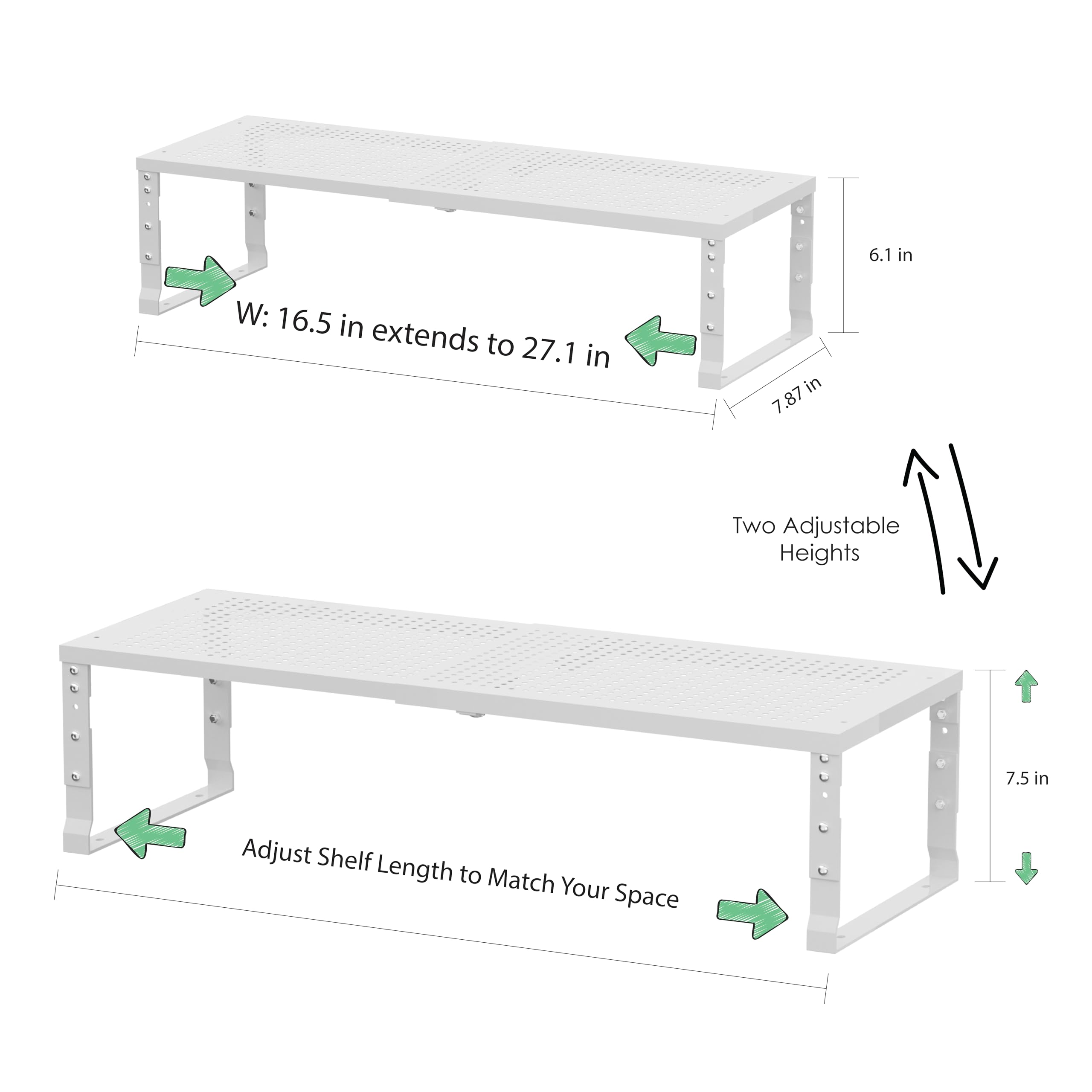 Scaffale portaoggetti con parte superiore piatta, espandibile, salvaspazio, struttura in acciaio resistente, finitura verniciata a polvere per cucine, bagni, officine o uffici, 41,9-68,6 cm di