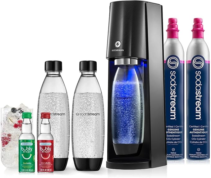 SodaStream - E-TERRA Soda Maker | VALUE BUNDLE | 3 Automatic Carbonation Levels | Includes 2x CO2 Cylinders, 3x 32 Fl Oz Dishwasher Safe Bottles, 2x Bubly Fruit Flavor Drops, 1x Power Adapter | Black