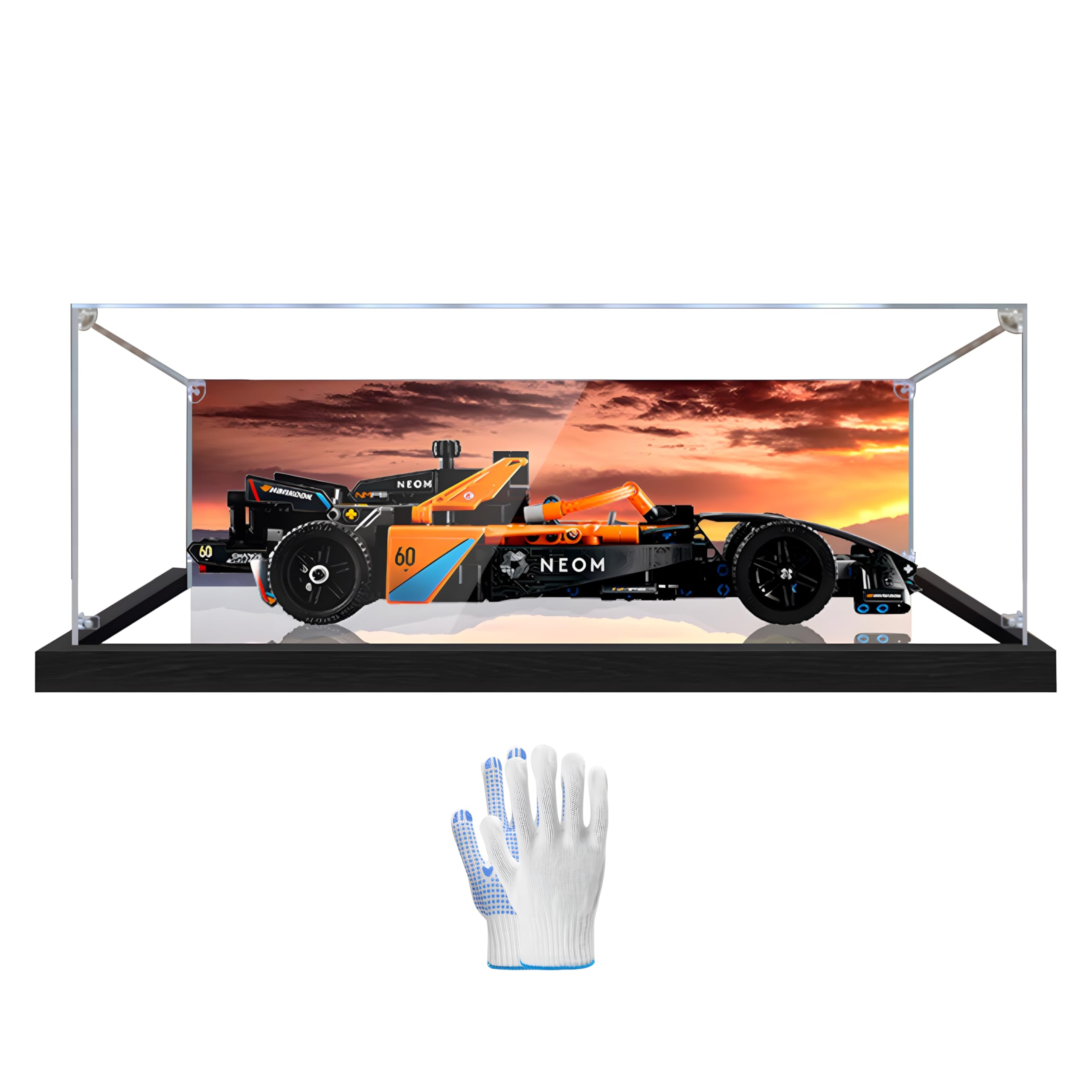 Vitrina acrílica para L-e*g-o Technic Mc-Laren Race Car 42169, regalo, caja de exhibición acrílica de bloques de construcción (sin modelo) (fondo personalizable) (base de espejo + telón de fondo-3 mm)
