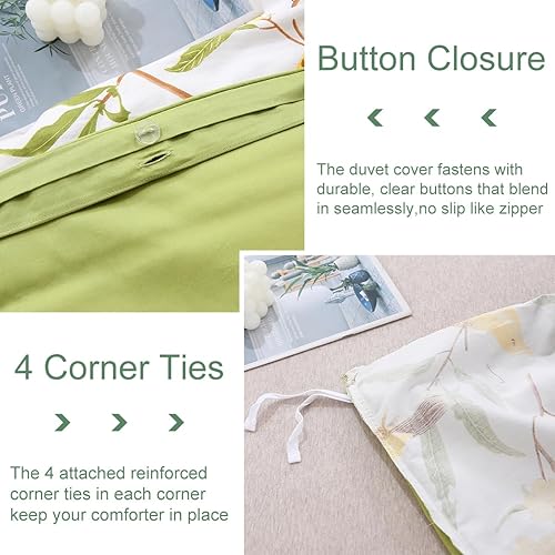 Miniatura 4 de URBONUR Juego de funda de edredón 100% algodón percal, tamaño Queen, 3 piezas, suave, transpirable, botánico, estampado de hojas verdes y pájaros en