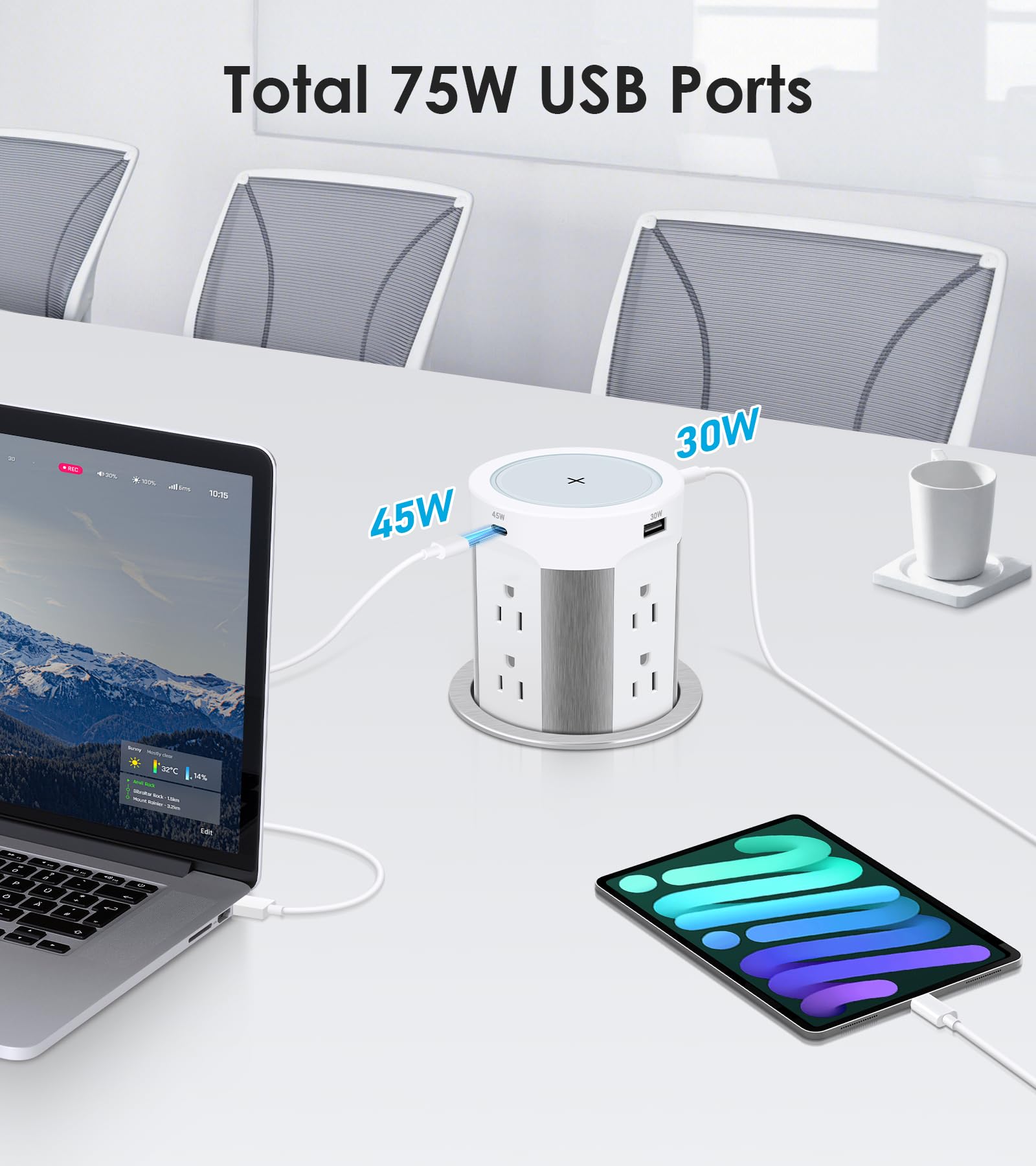 Pop Up Outlet for Countertop, 15W Wireless Charger PD 45W, 2 USB-A & 2 USB-C & 8AC Outlets 15A Tamper Resistant, 4-inch Island Kitchen Pop Out