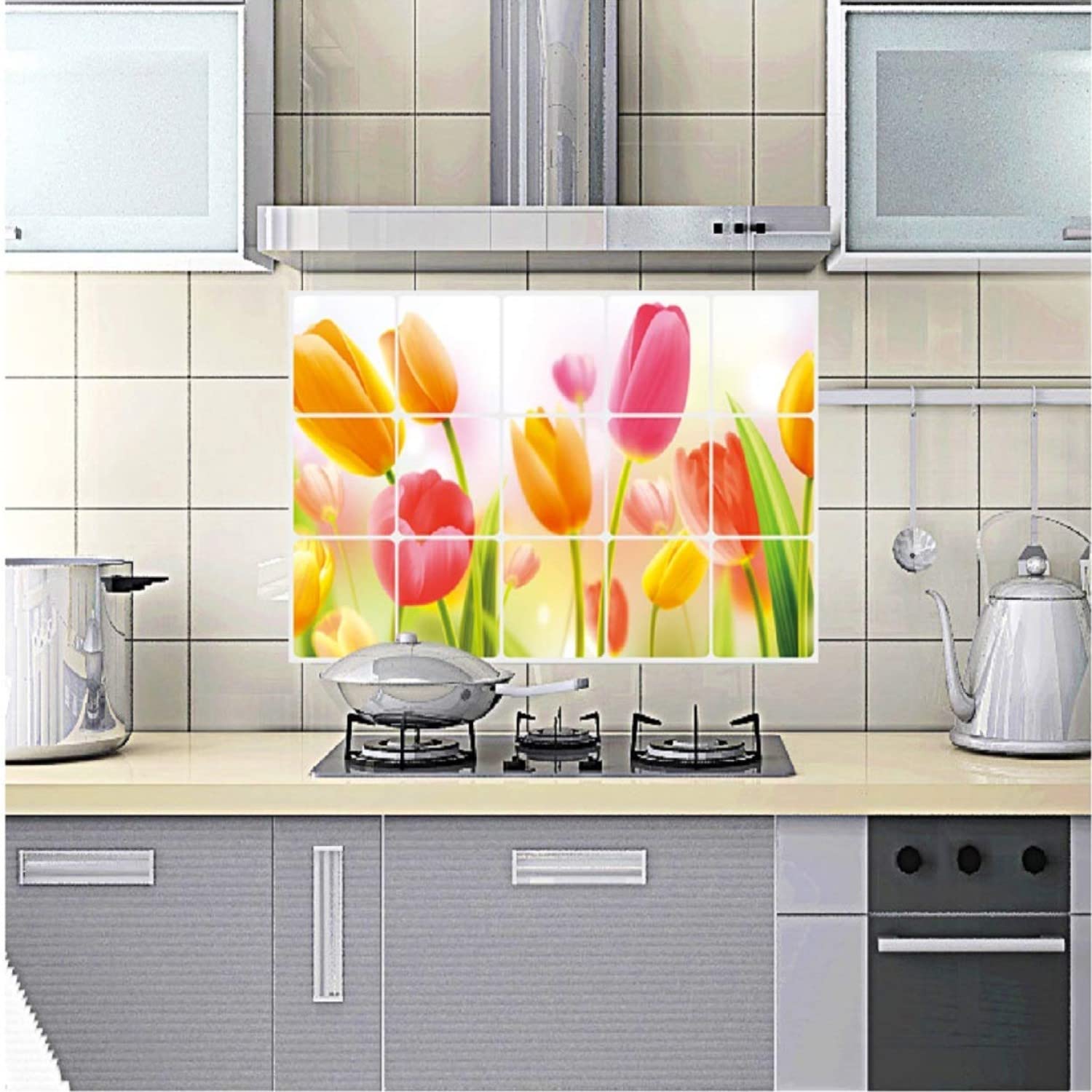 JAAMSO ROYALS Oil Proof Aluminum foil with Tulip Wall Tiles Stickers Waterproof, Kitchen Stickers for Wall, Wall Sticker for Home, Sticker, Tiles Wall Stickers (75 CM x 45 CM)