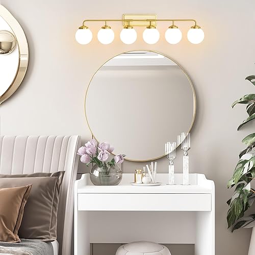 Vista 65 de Lámparas doradas para tocador de baño, modernas luces de latón de 3 luces con pantalla de bola de vidrio transparente, luces de tocador de granja
