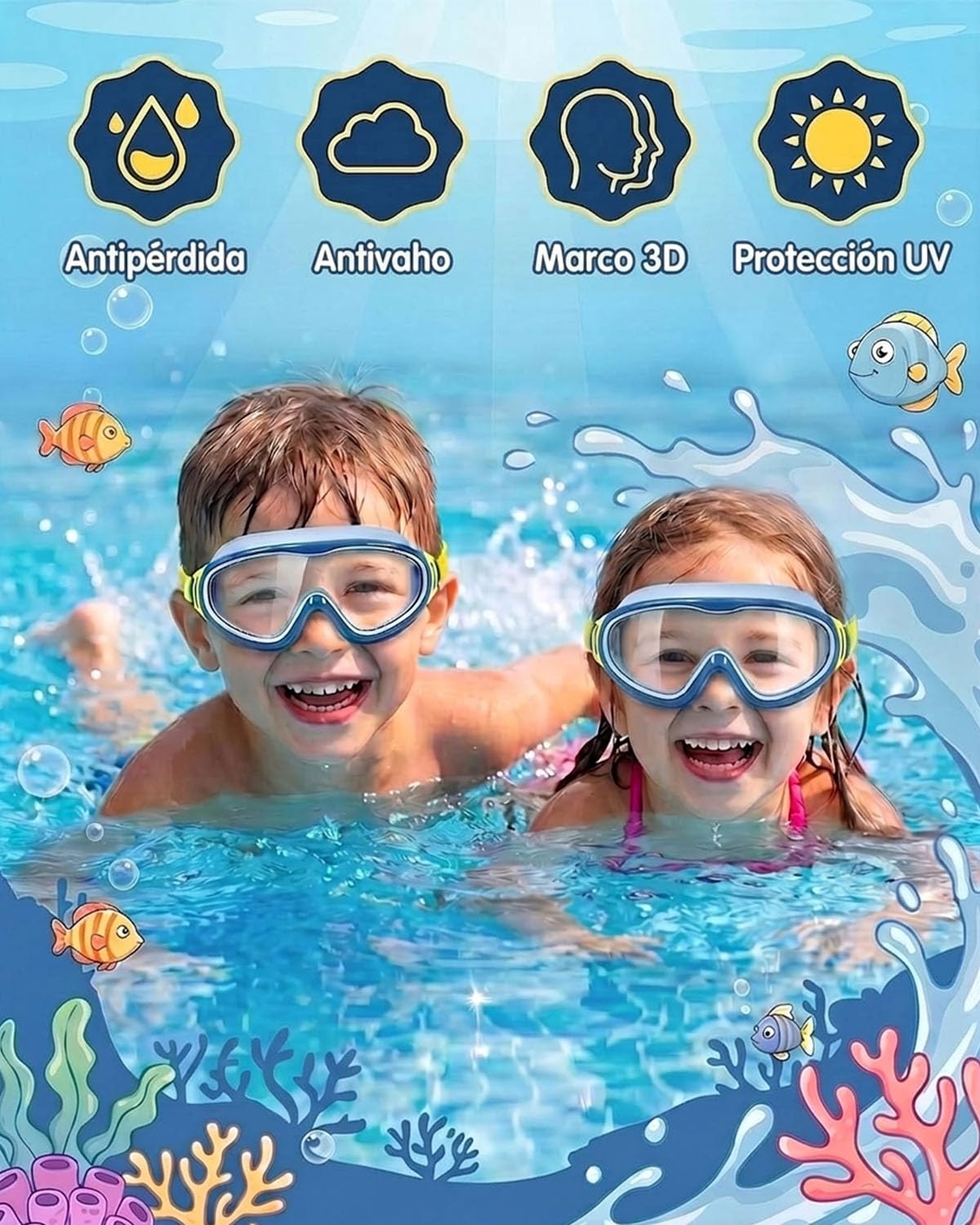 Gafas de natación para niños con protección UV antivaho montura grande