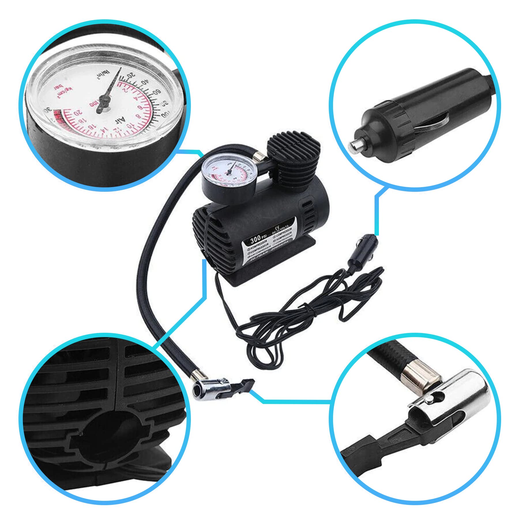 Retoo Sprężarka powietrza 12 V z 3 adapterami do wentyli, kompresor powietrza do roweru, samochodu, piłki, motocykla, poduszek powietrznych i materaców, pompka samochodowa, mini sprężarka aluminiowa