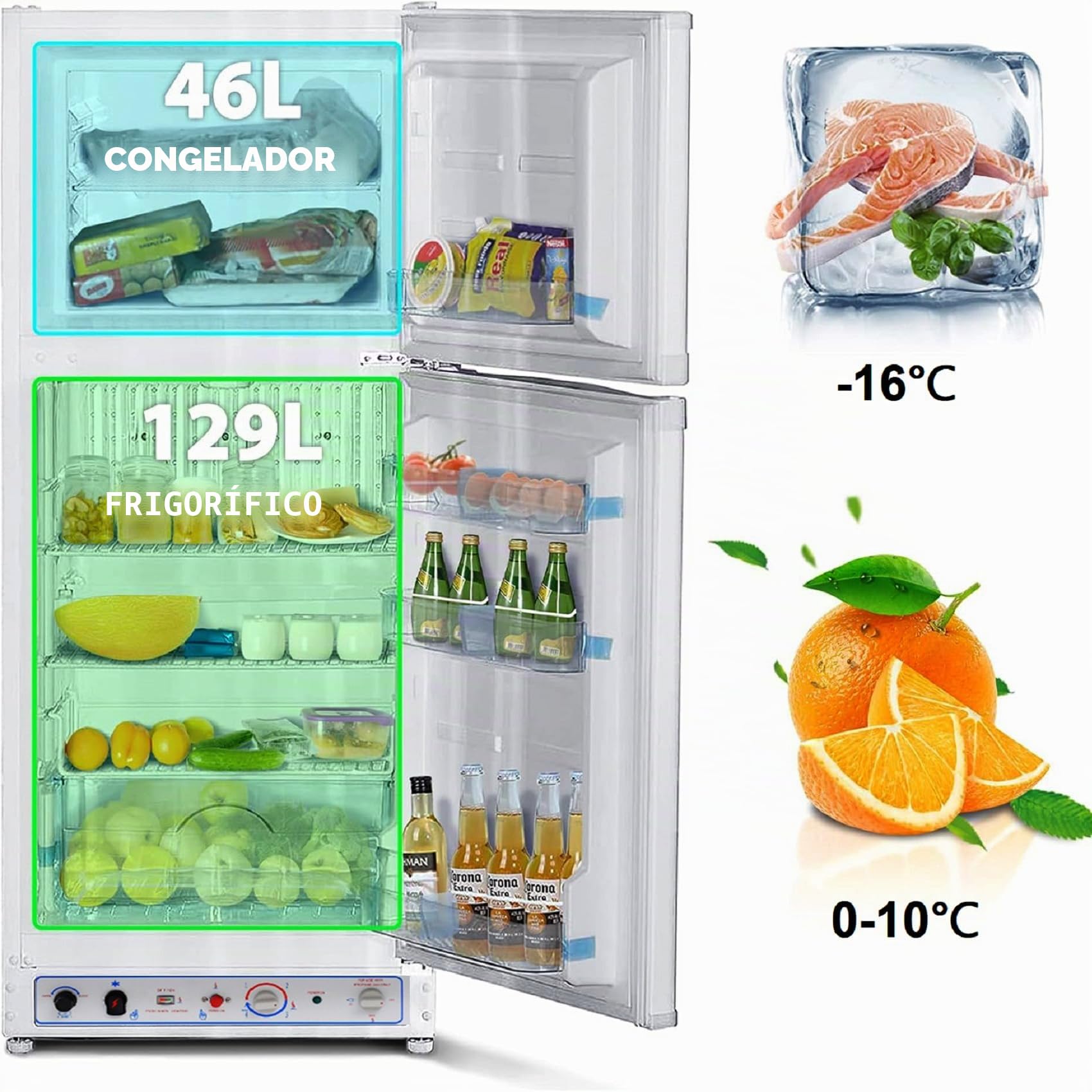 Smad Frigorífico Congelador a Gas (129L+46L), Nevera de Absorción de 2 Vías para Casa Móvil, Garaje, Casas de Campo, Caravana, Autocaravana, Nevera de Butano 220V, Sin Ruido, Blanco