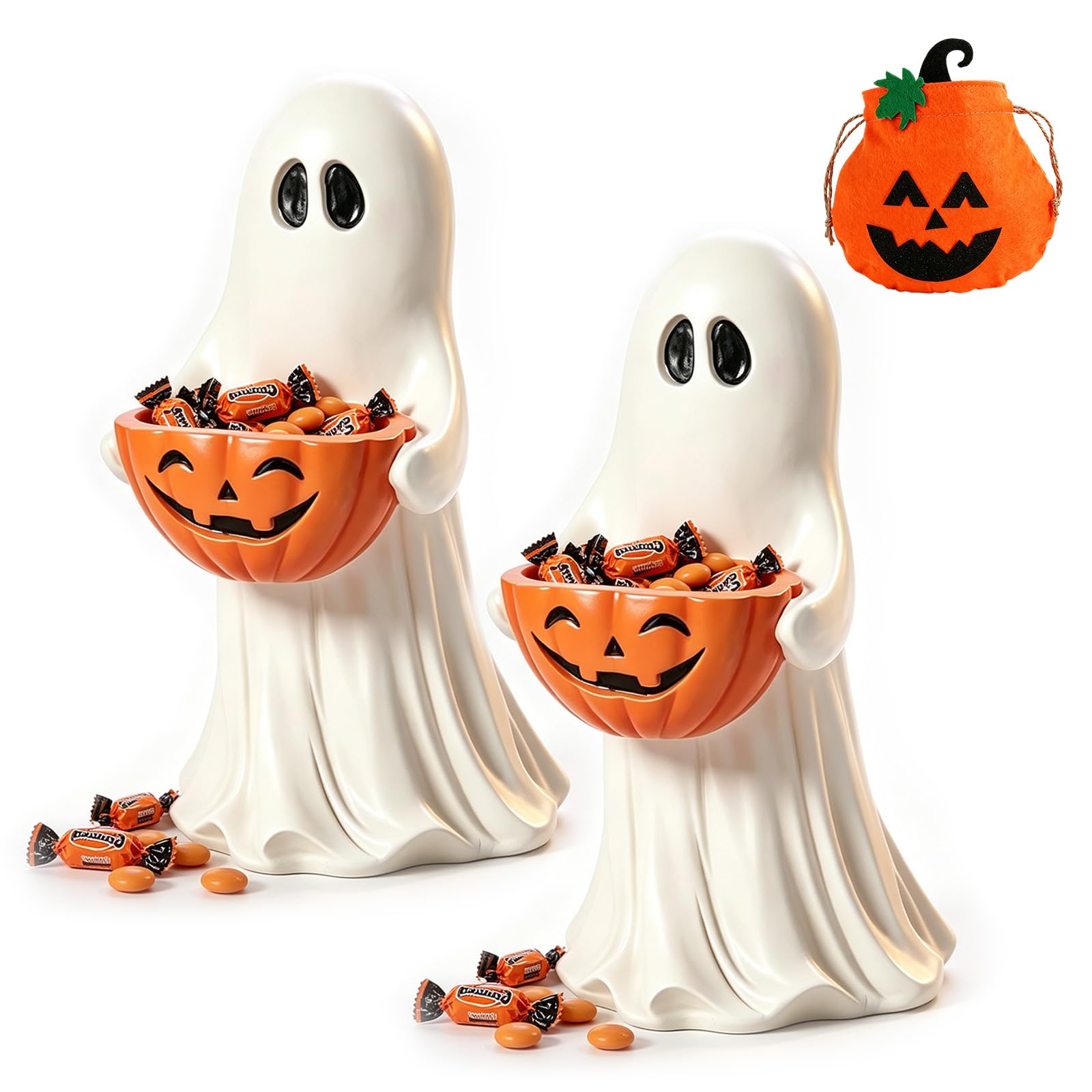 Syeefula 14 Inch Resin Ghost Statue with Pumpkin Candy Bowl, Halloween Decoration (2PCS)
