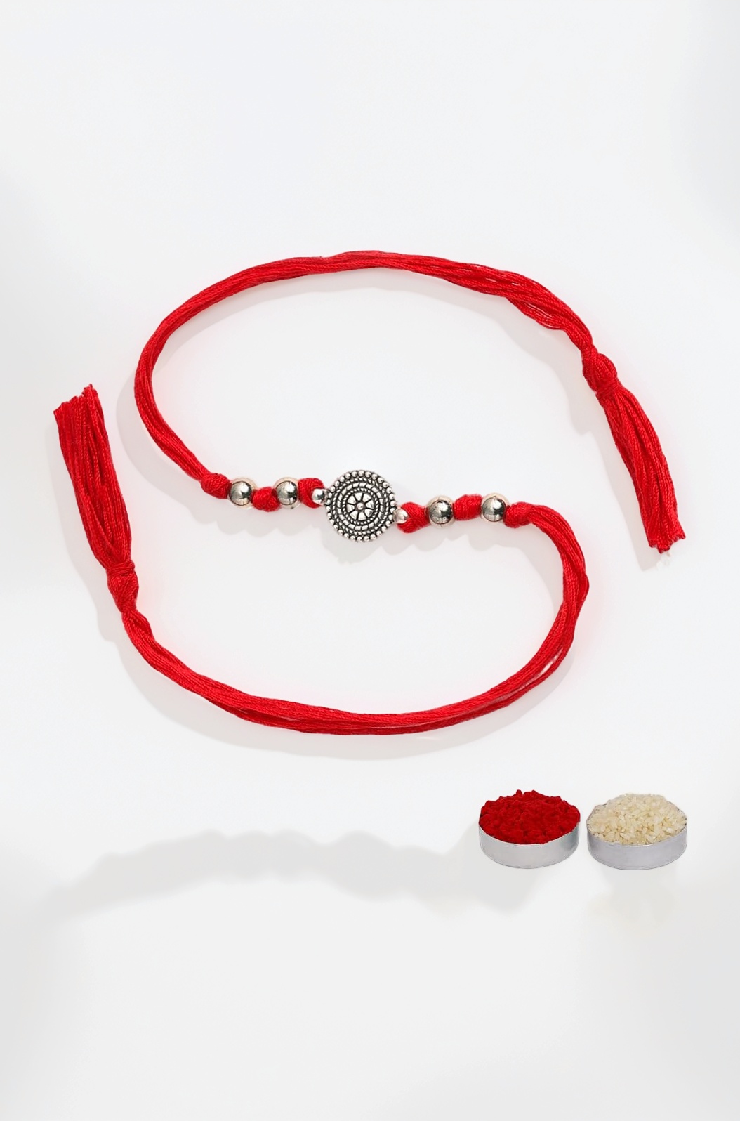 1Pc Red Rakhi With Roli Chawal, Antique German Silver - Minimalist Charm For Men