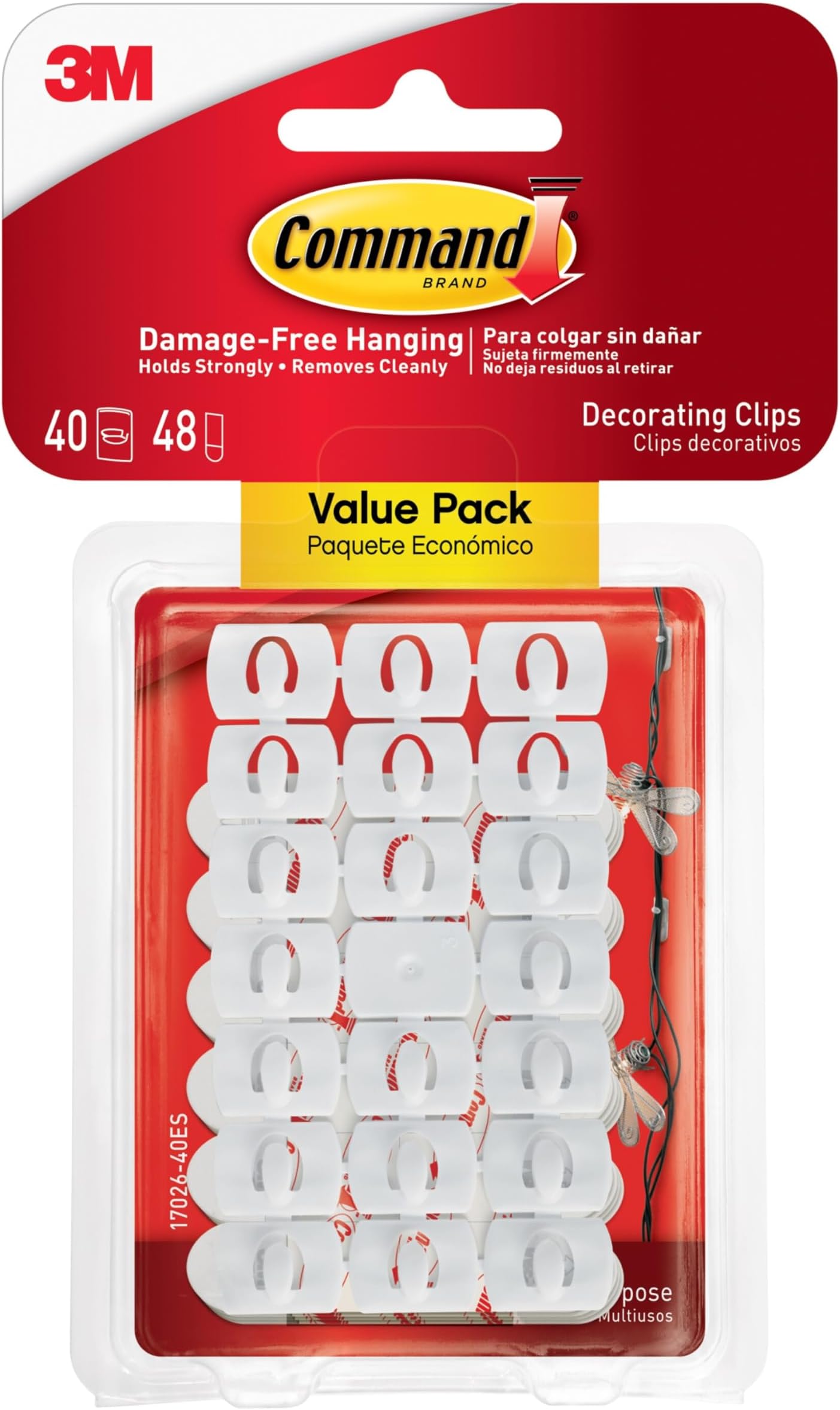 Decorating Clips, 40 Clips and 48 Strips, Damage-Free Hanging Light Clips with Adhesive Strips, No Tools Small Wall Clip for Hanging Lights and Cables