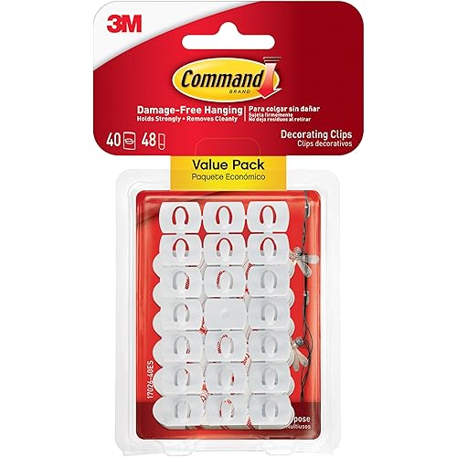 Command Decorating Clips, 40 Clips and 48 Strips, Damage-Free Hanging Light Clips with Adhesive Strips, No Tools Small Wall Clip for Hanging Lights and Cables