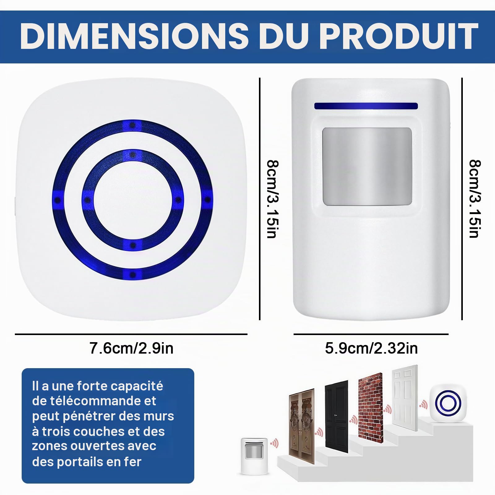 BORDEAG Détecteur de Passage Sans Fil avec Sonnette, Détecteur de Mouvement avec Alarme, Sonnette de Prise avec 36 Mélodies, Sans Fil