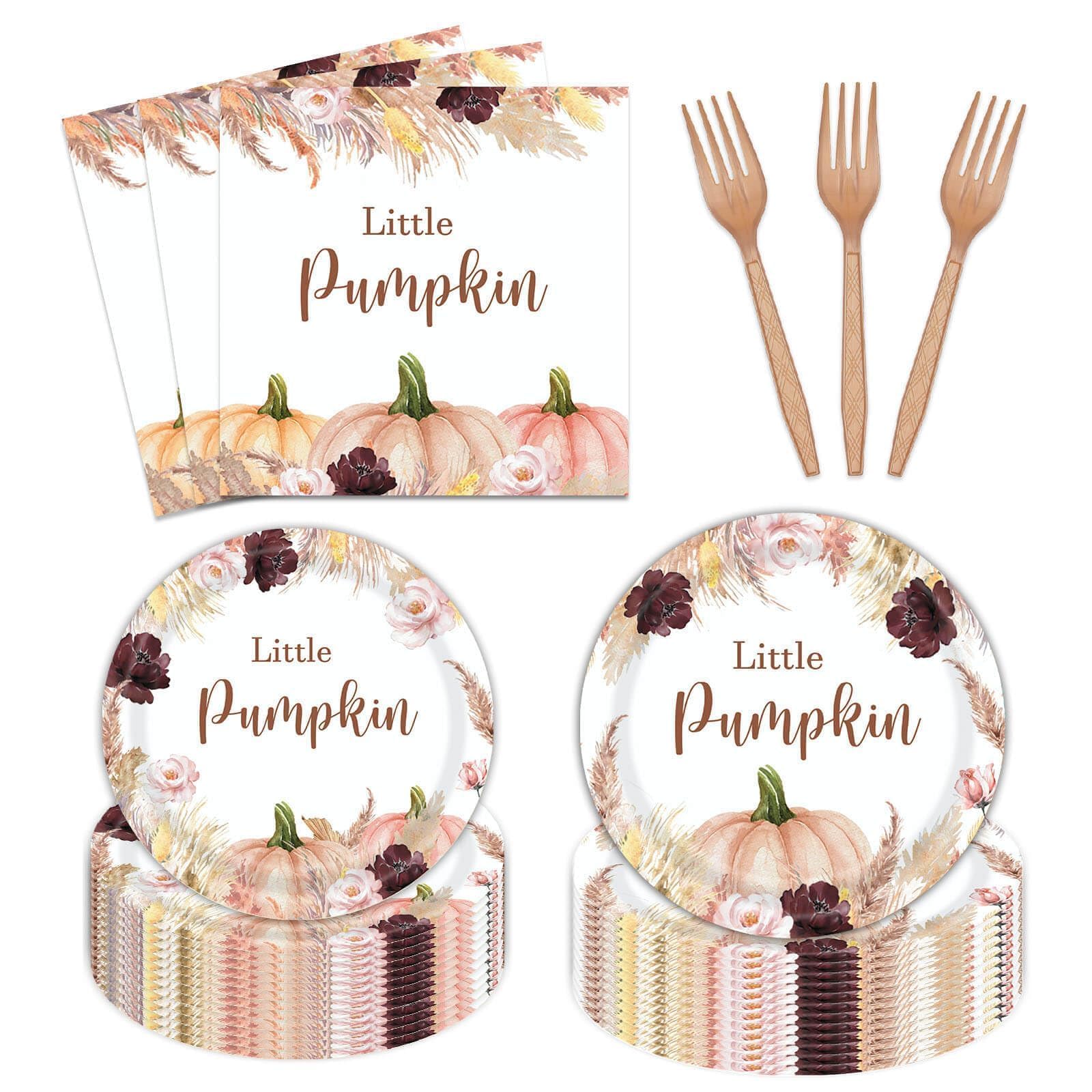 96 Pcs Fall Boho Pumpkin Party Plates and Napkins Set Baby Shower Happy Birthday Party Supplies Decorations for Kid Fall Leaves Pampas Grass Party