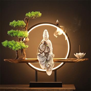 Ceramics Kwan Yin Buddha Statue Indoor Incense Burner with Led Ring Light, Bonsai Tree Decorative Buddha Figurine, Home Garden Decoration for Home and Office,01