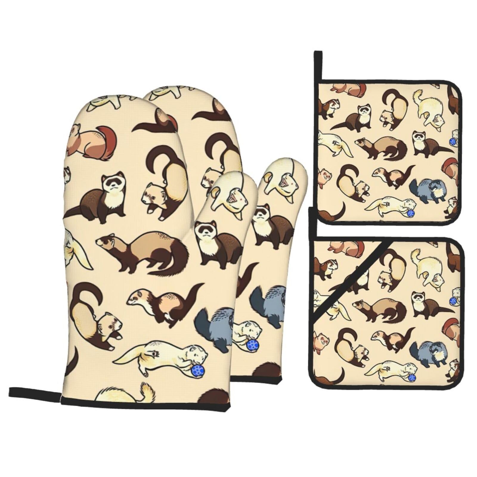 Hairy Ferret Print Stylish 4-Piece Microwaving Oven Waterproof Kitchen Gloves Baking Holiday Cooking