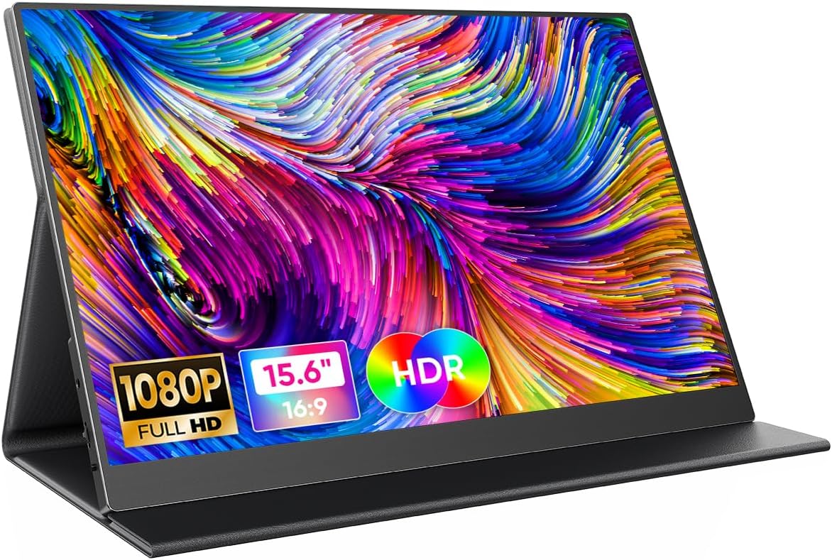 CJkao Portable Monitor 15.6” FHD 1080P USB-C & HDMI Display Ultra-Slim IPS Screen w/Smart Cover, Dual Speakers, HDR, Eye-Care, External Monitor for Laptop, Mac, Phone, PS5, Xbox, Switch, Black