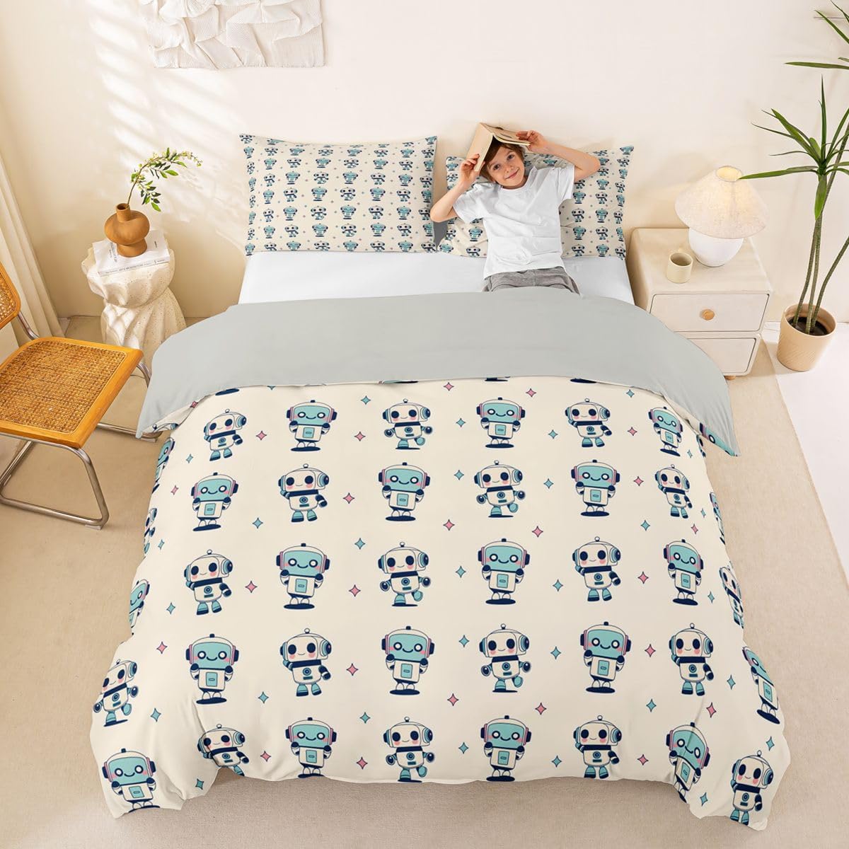 Castle Fairy Cute Robots Duvet Cover Set Queen Size 3Pcs image 4