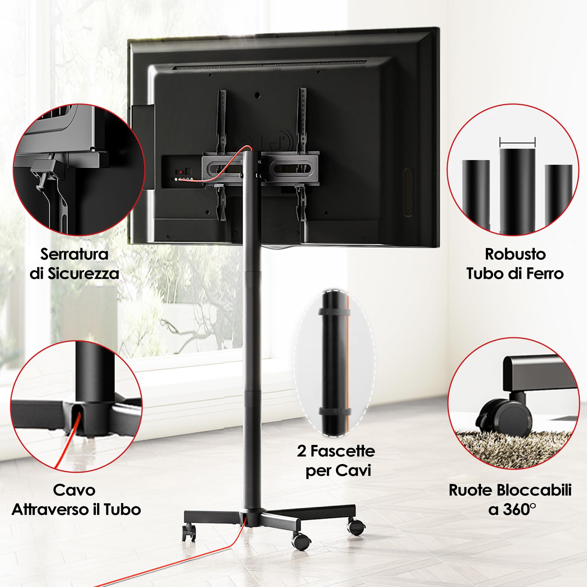 AOKCOS Carrello Porta TV 32-65 Cali, Supporto TV da Pavimento Regolabile, Inclinabile, VESA 400x400mm 40kg