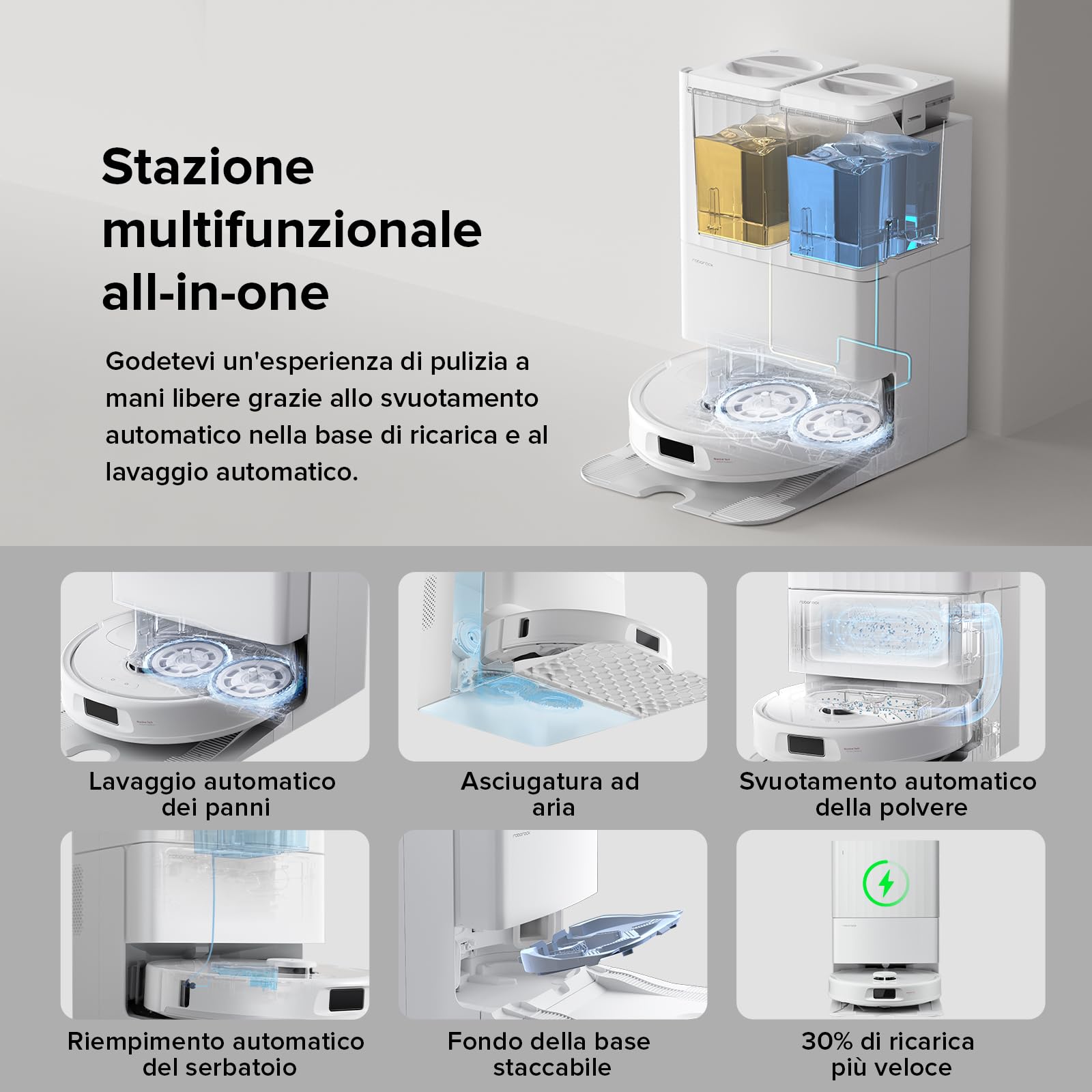 roborock QV 35A Robot Aspirapolvere Lavapavimenti, Antigroviglio, Aspirazione HyperForce, Panno Sollevabile, Autolavaggio, Asciugatura ad Aria, Stazione Tutto in Uno, Modalità Tappeti, Bianco