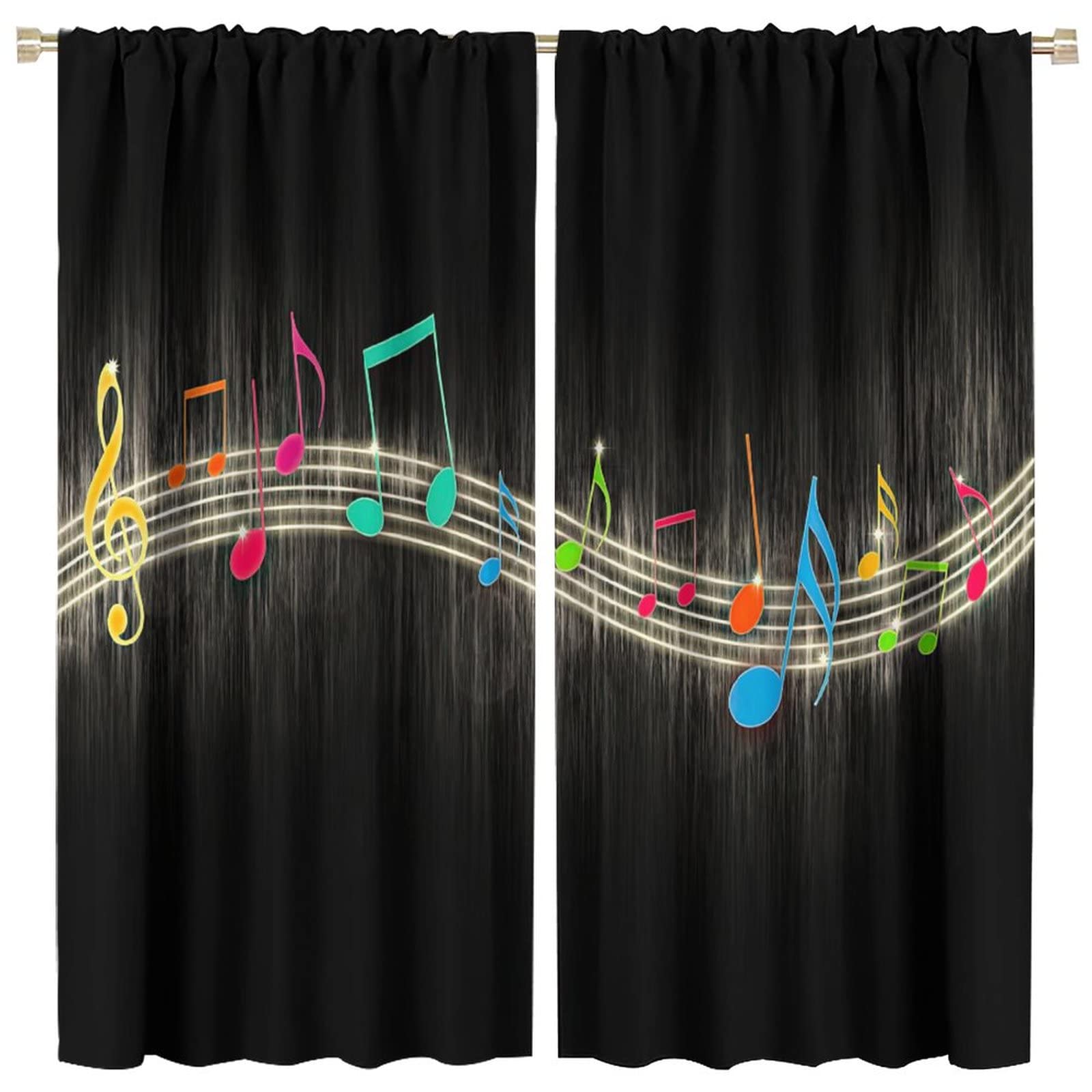 Music Window Curtain,Colorful Music Note Black Background Window Treatments Curtains for Teens Boys Bedroom Living Room Blackout Drapes W42xL45in