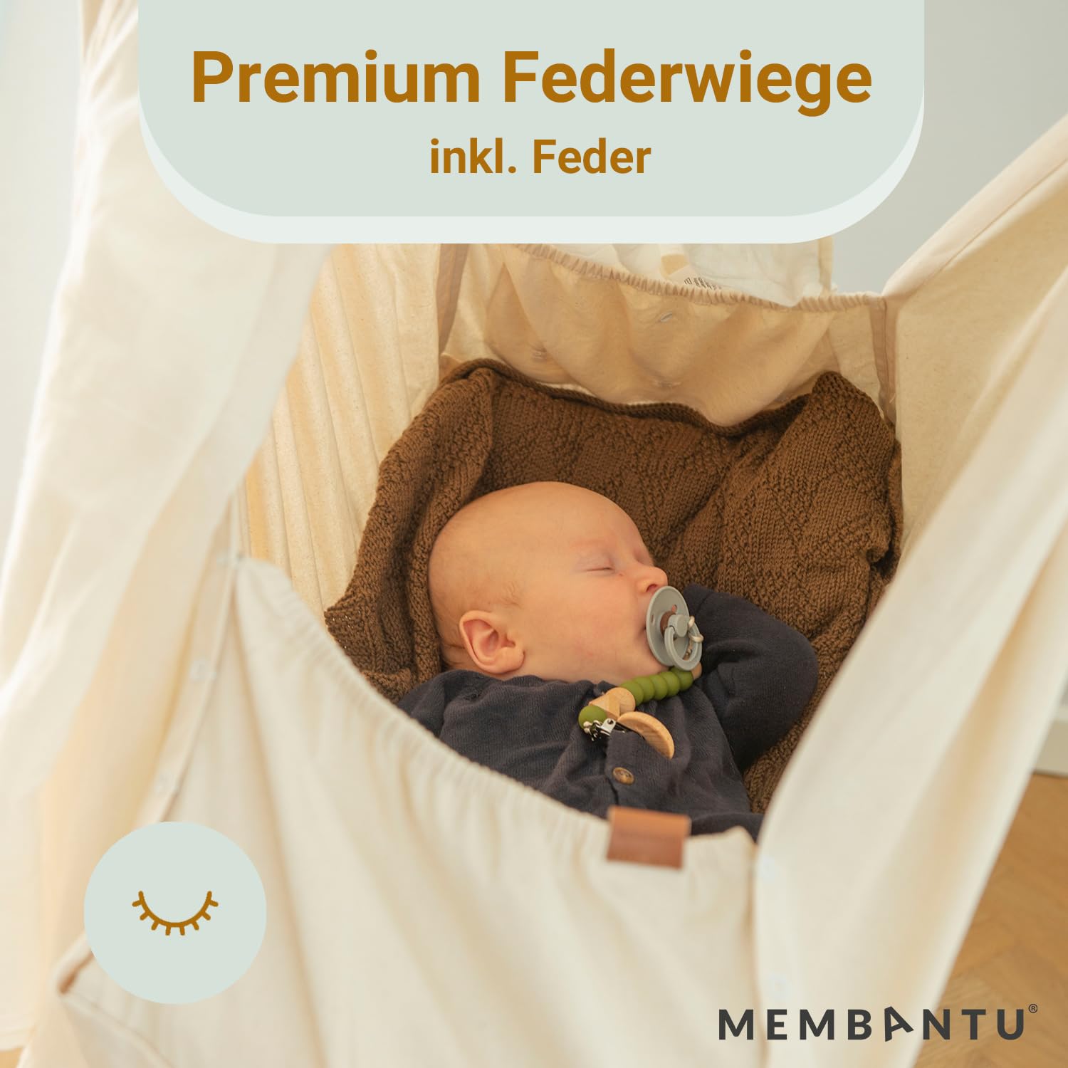 Federwiege Baby inkl. Feder - Baby-Wiege aus Bio-Baumwolle - Baby-Hängematte mit Deckenaufhängung - Baby-Hängewiege Plus Matratze und Baldachin - Baby-Hammock bis max. 15kg - Natur